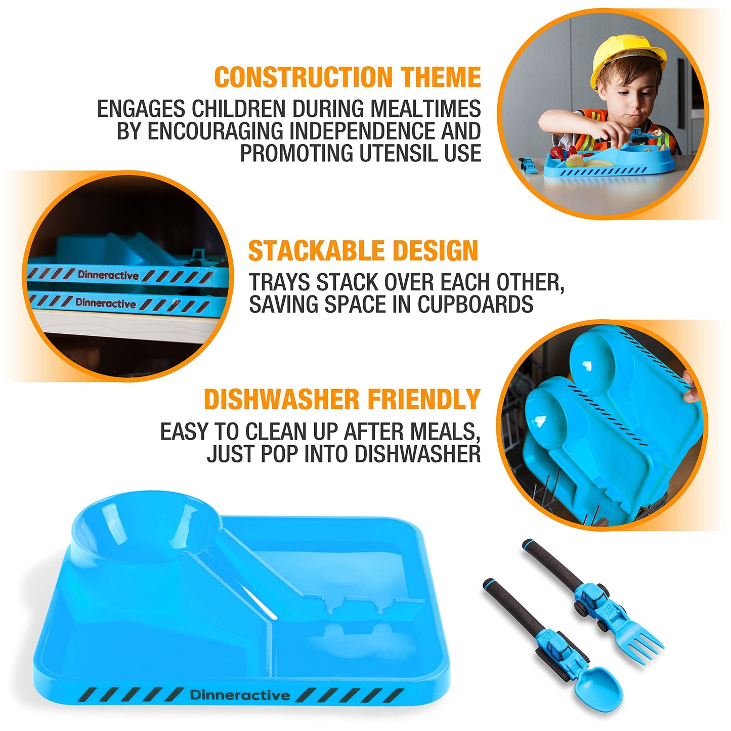 Dinneractive 3-Piece Construction Themed Toddler Utensils & Plates - Toddler Forks, Spoons & Divided Plates - Blue, Vehicle Pattern