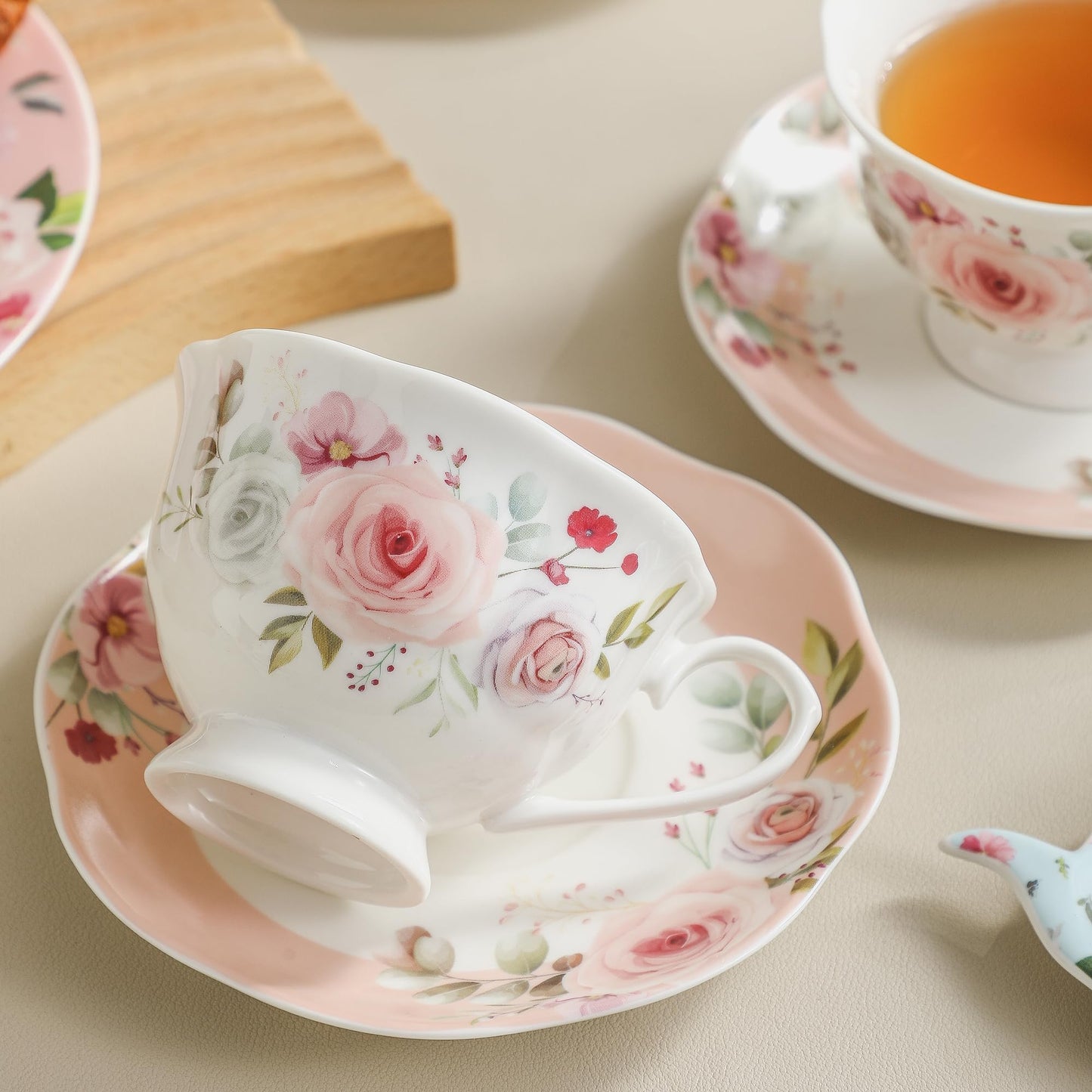 PRECITIME Floral Porcelain Tea Cup Set of 6 (12-Piece), 6 Cups & 6 Saucers with Rose Pattern, 6oz Scalloped Edge Coffee Cups, Dishwasher & Microwave Safe, Elegant Gift