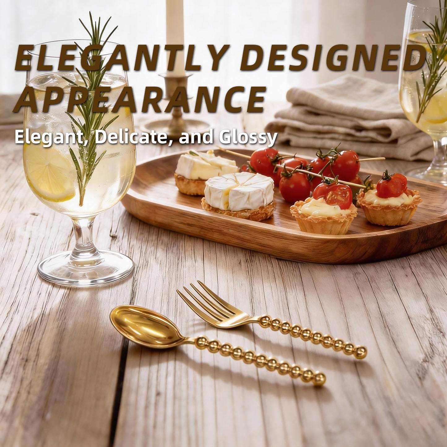 MiraFure Premium Gold Mini Dessert Utensils Set - 120-Piece (60 Forks & 60 Spoons) with Beaded Handle, 4.4 Inch BPA-Free Plastic, Appetizer Utensils for Parties, Charcuterie Boards & Tasting Events