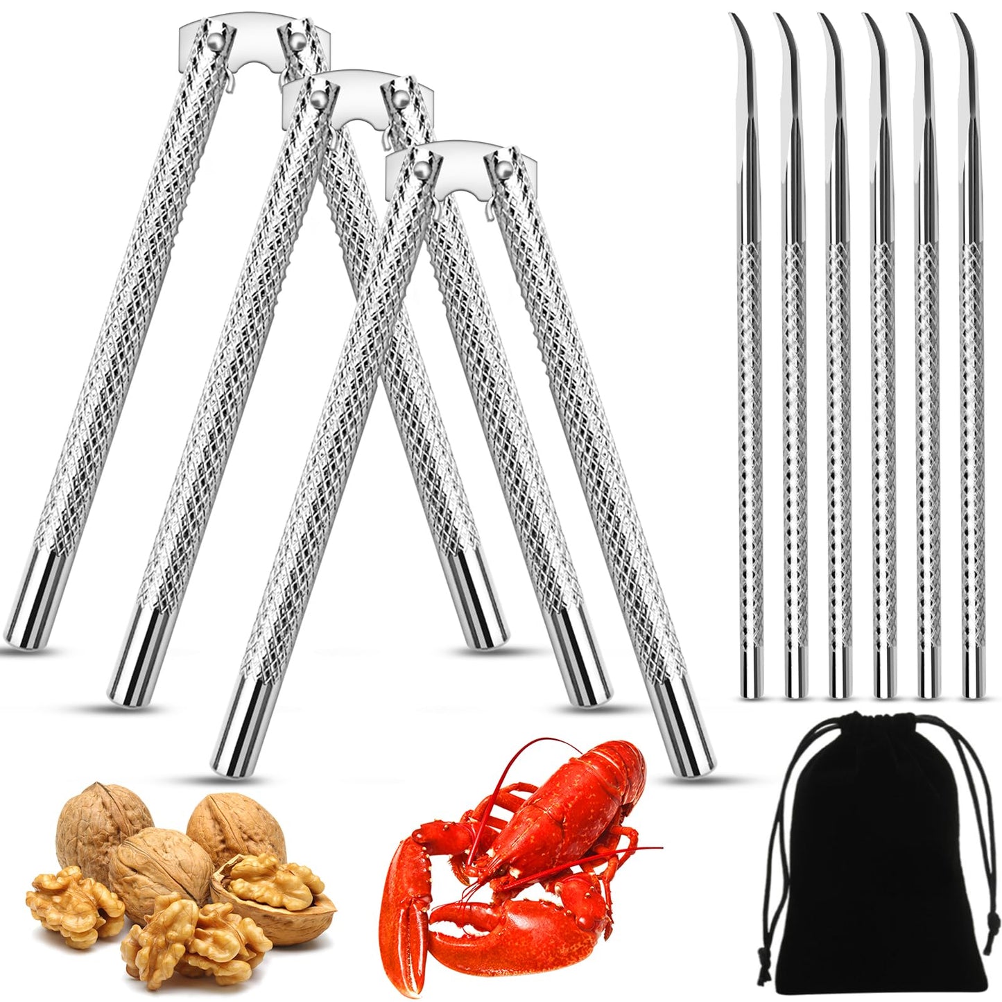 Artcome 3 Pcs Nutcracker Stainless Steel Set with 6 Picks for Nuts & Seafood Lovers