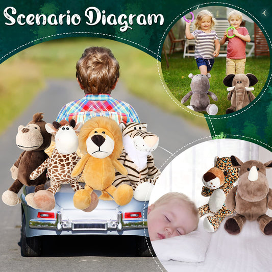 HyDren 12 Pieces Safari Stuffed Animals 11.8 Inch Jungle Animal Toys Set Boys Girls Plush Forest Animals Lion Elephant Zebra Giraffe Tiger Monkey for Zoo Animal Party Teacher Student Award