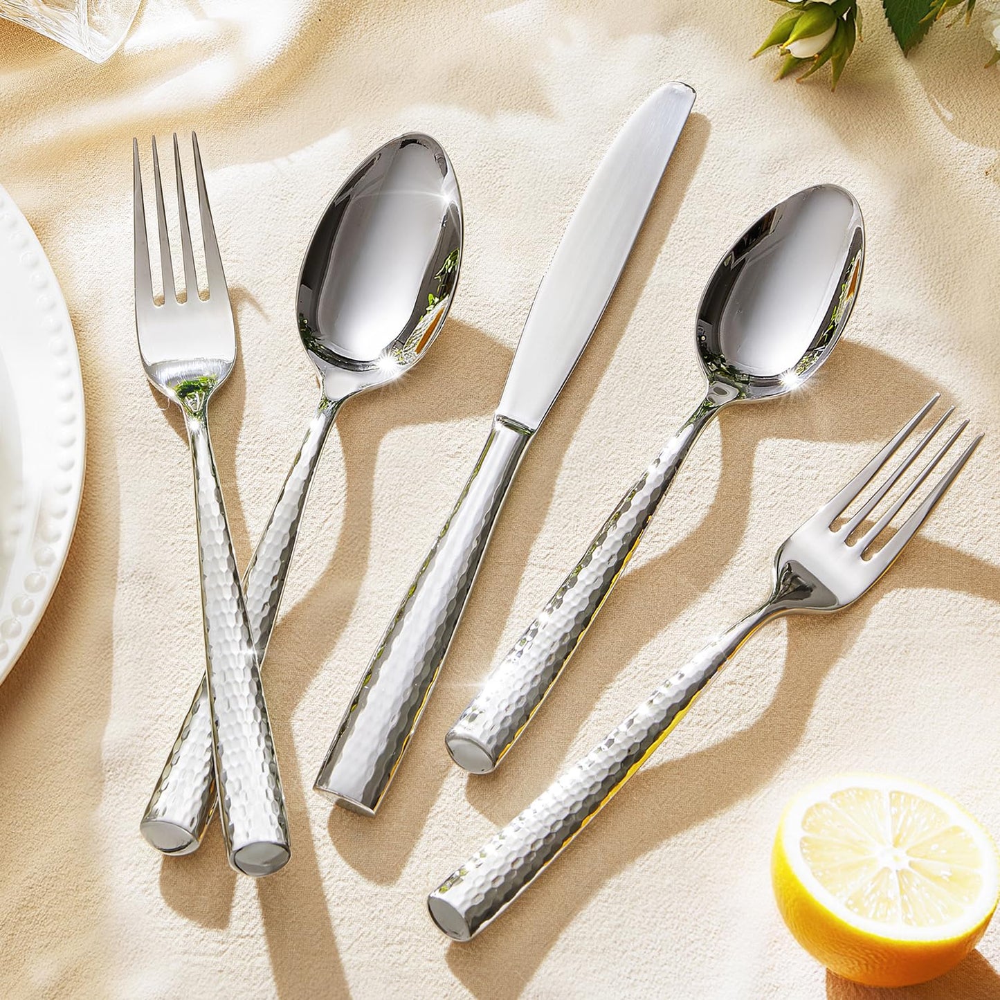 Kingstone Hammered Silverware Set, 10-Piece Flatware Set for 2, 18/10 Stainless Steel Heavy Duty Cutlery Set, Mirror Polished Utensil Sets for Home, Restaurant, Wedding, Dishwasher Safe