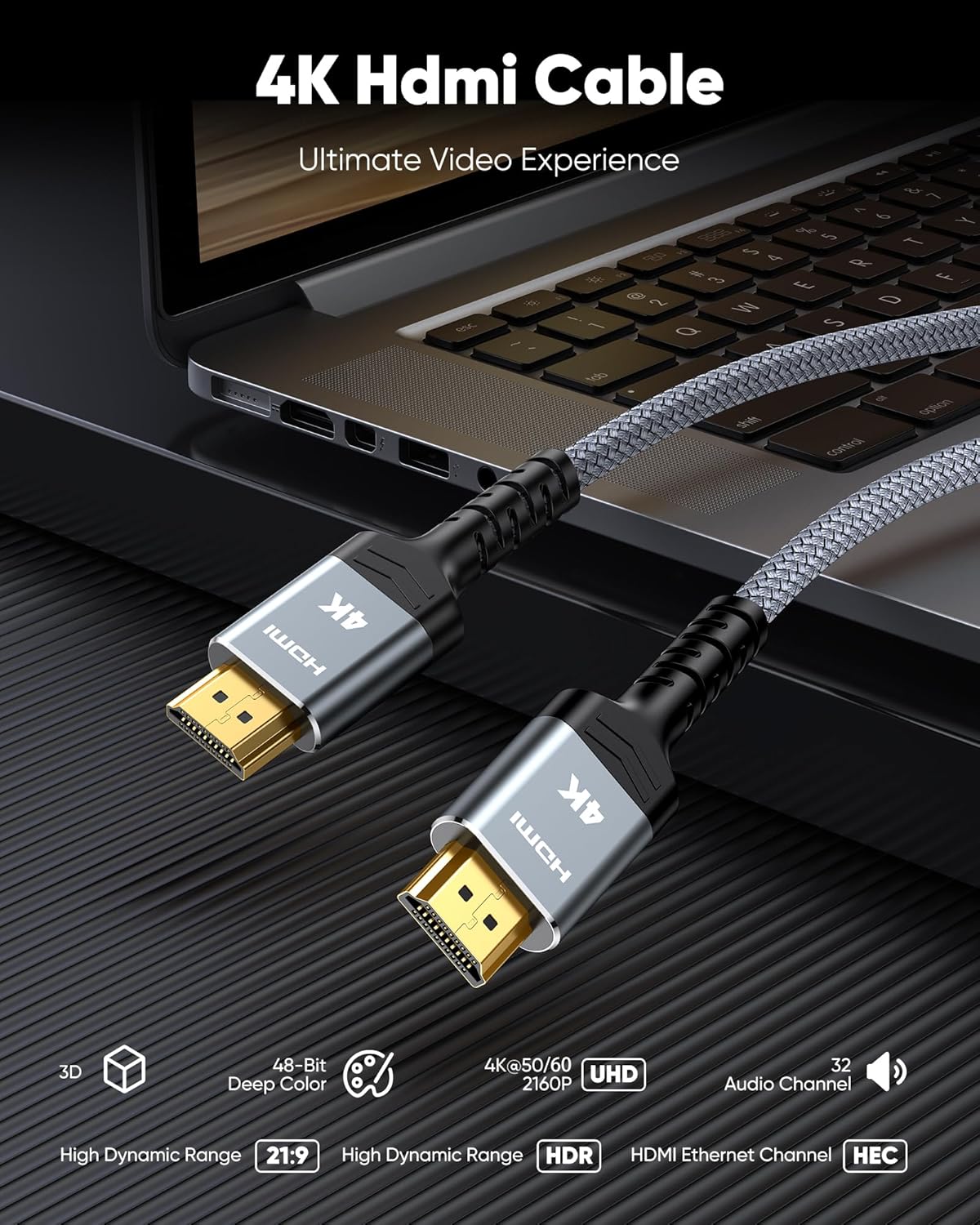 4K 2.0 15FT/4.5m 4K@60Hz 18Gbps 3D, 2.2, PS-5/4/3/4K Highwings Long HDMI Cable - HDR Braided HDMI Cord, High Speed