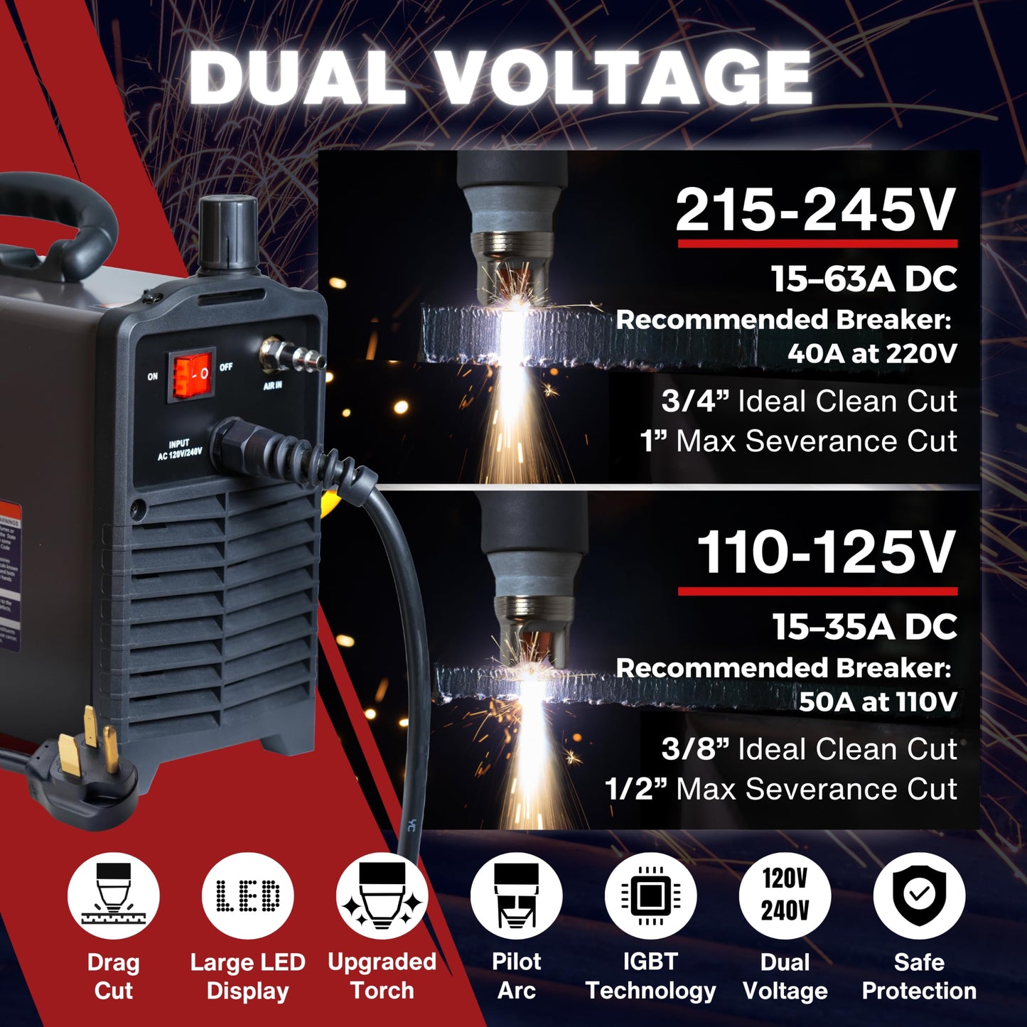 LOTOS Apex LTP6300D | 63A Non-Touch Pilot Arc Plasma Cutter, Drag-Cut Enabled, Non-HF Blowback Start, 3/4" Clean (1" Sever), Dual-Voltage 110/220V, LED Controls, Portable Air Plasma Cutter