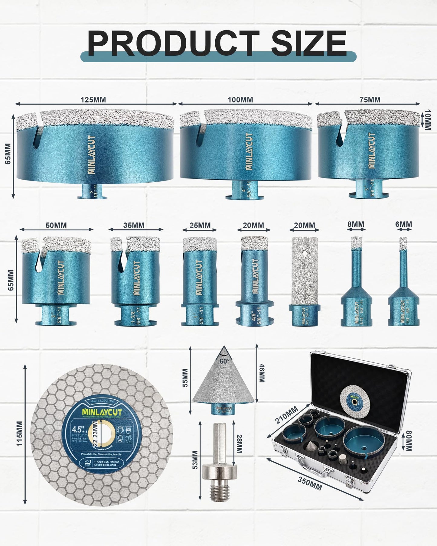 MINLAYCUT Tile Hole Saw Kit Diamond, 14-Piece Diamond Core Drill Bits 6/6/8/20/25/35/50/75/100/125mm+Tile Blade 115mm, Diamond Hole Saw for Porcelain Ceramic Marble Granite,5/8"-11 Thread