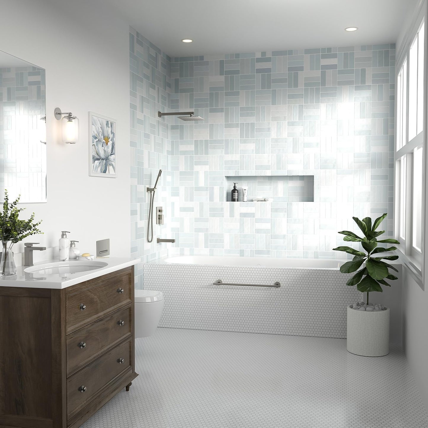 Lava Odoro Modern 3-Setting Square Shower and Tub Faucet Set with Shower Head and Handheld Sprayer Brushed Nickel, Rainfall Shower System with Tub Spout, Shower Valve Trim Kit, SF103-BN-T