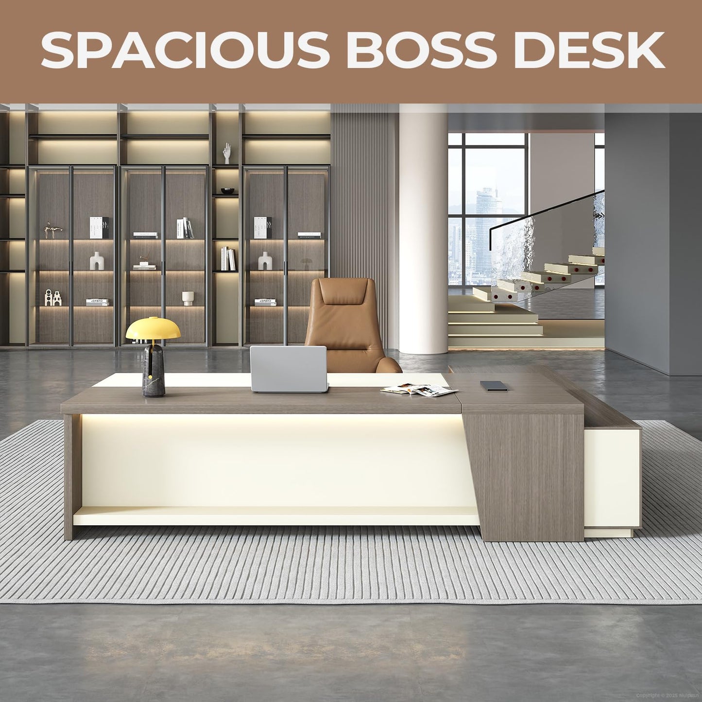 79-Inch L Shaped Executive Desk with Drawers, Large Modern Office Desk with Storage Shelves, LED Lighting, Built-in Power Outlet & USB Ports, Home Office Desk, Smoked Oak & Cream White, Left Return