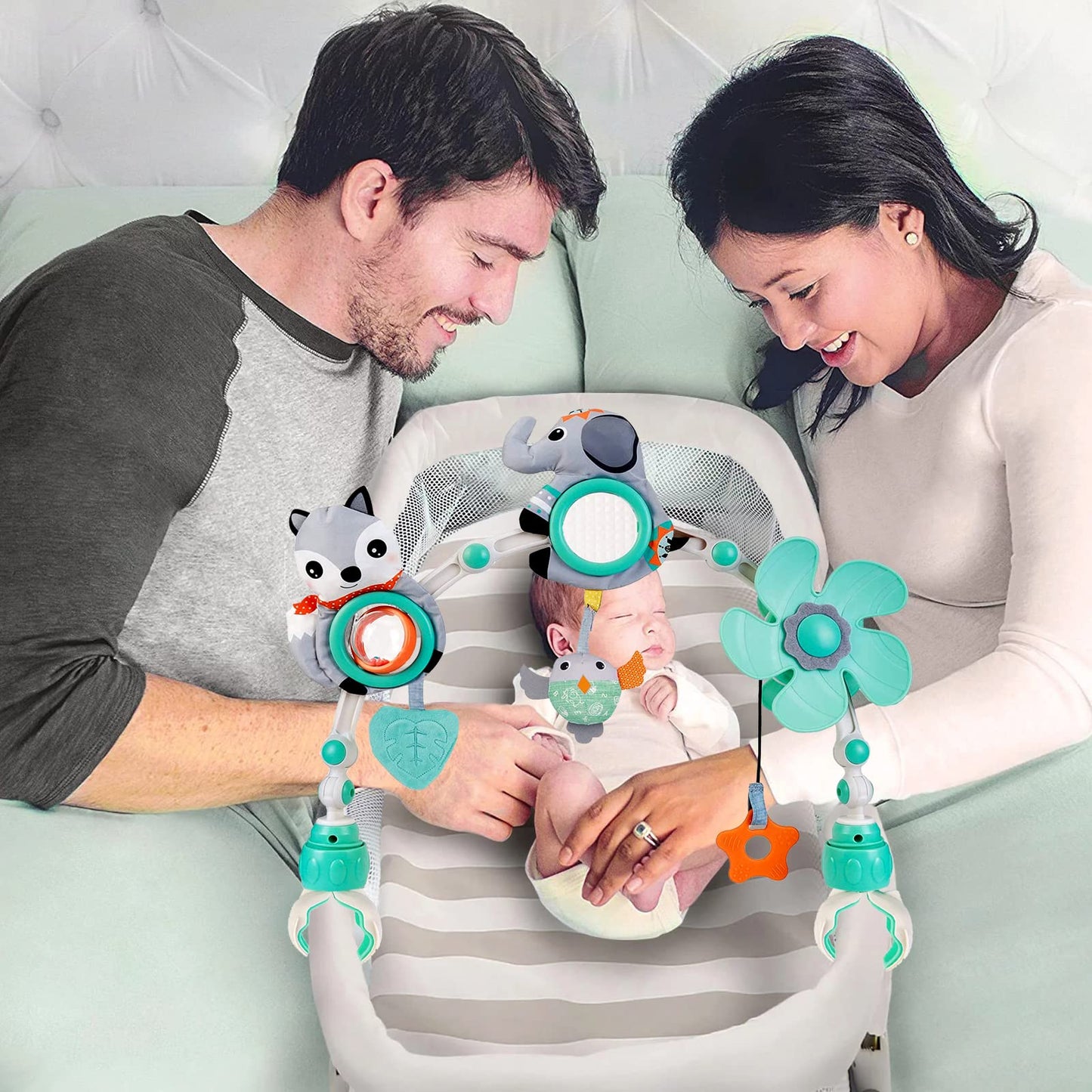 Baby Stroller Arch Mobile, Adjustable Musical Arch Toys Mobile for Crib with Universal Clamps, Versatile Activity Toy Bar for Bouncer Infant Car Seat Toys 0 6 Months Mobile for Bassinet Swing - Gray