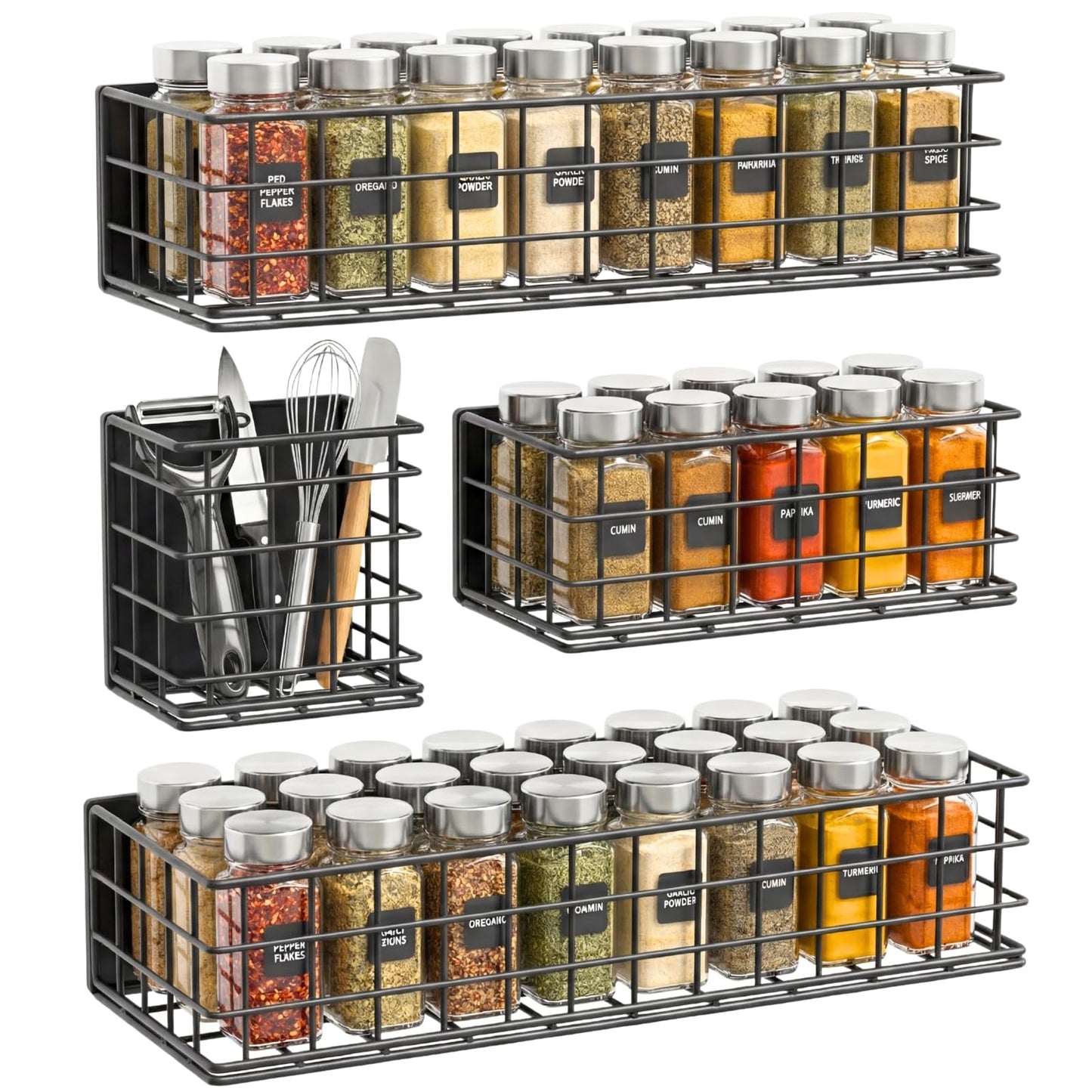 Ofiray-home Magnetic Fridge Shelf, 4-Pack Metal Strong Magnet Rack, Space Saving Spice Organizer, Utensil Holder, Fruit Potato Onion Storage Bins, Black Refrigerator Organizers and Storage
