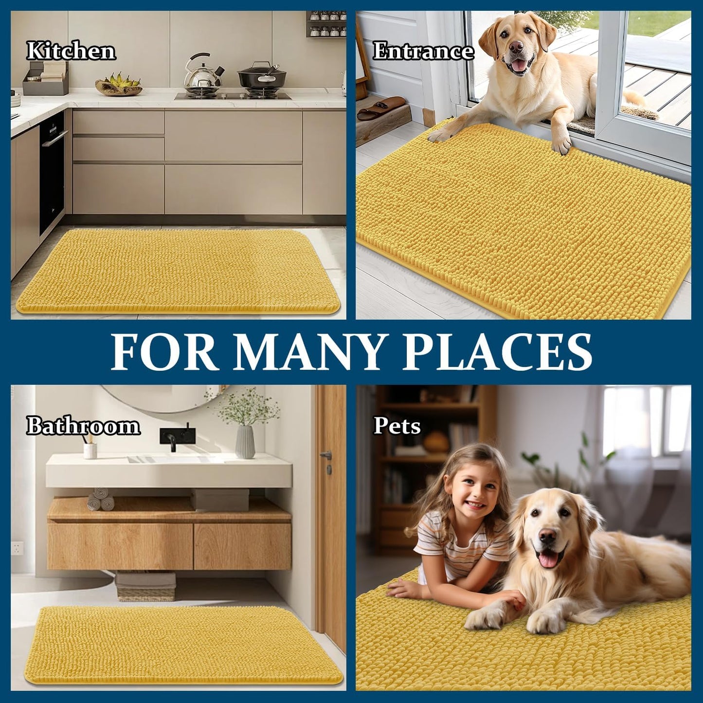 OLANLY Dog Door Mat - Absorbent Non-Slip Mud Mat for Indoor Use | Quick Dry Chenille, 24x16, Yellow