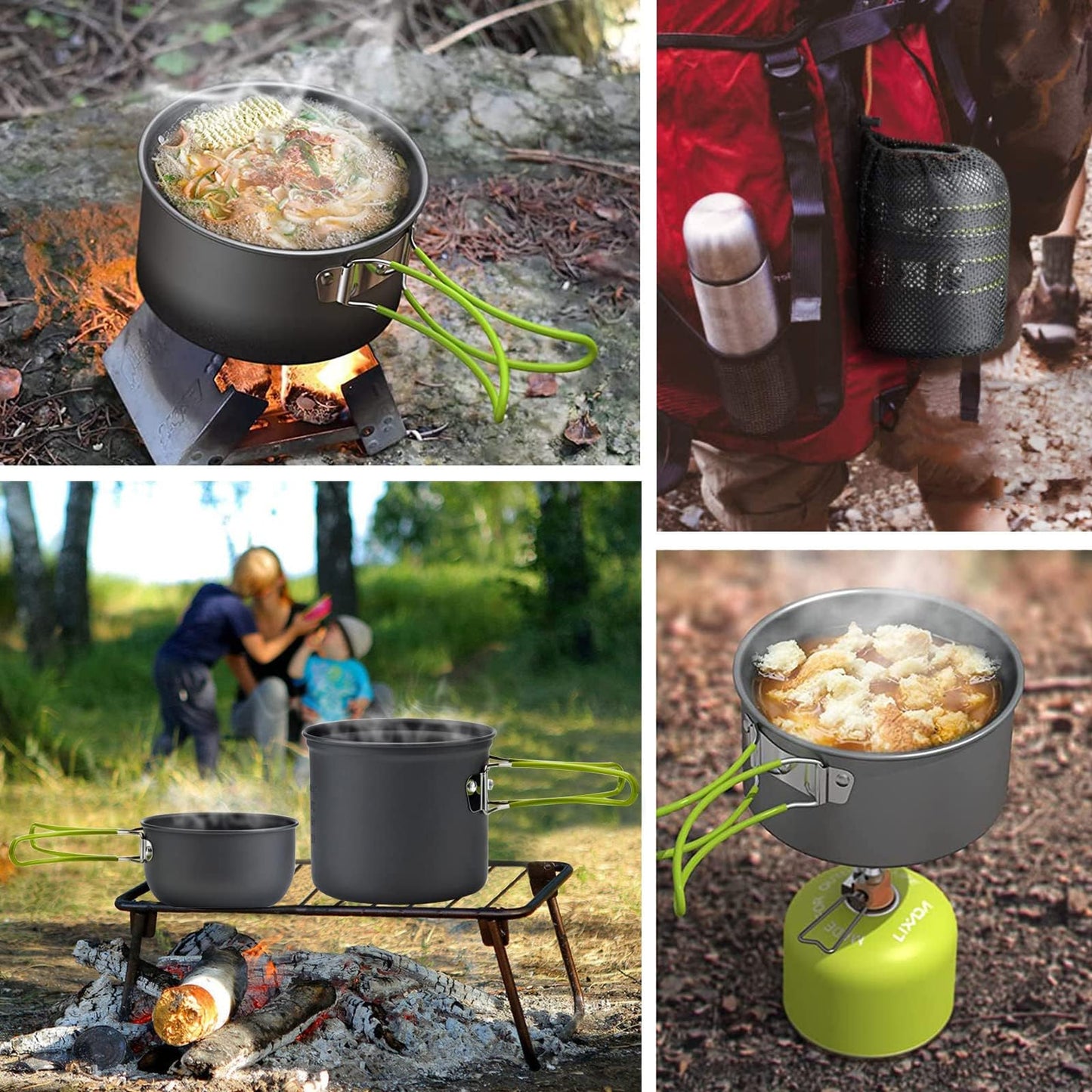 Camping Cookware Mess Kit Backpacking Pot Gear Camping Cooking Pots and Pans Set Camp Kitchen Equipment Accessories Green 4.88 x 6.57 inch