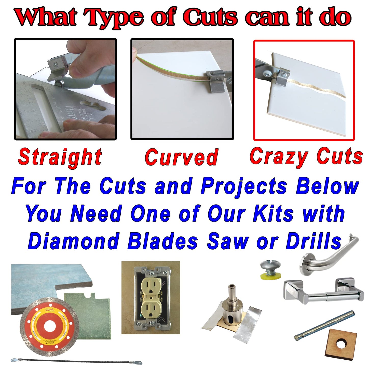 Ceramic Tile Cutters Kit - 4 Porcelain Drills, Hole Saw for Pipes, Blade for Notching, Grinder Saw for Cutting Sockets, File for Trimming Edges, Grout Rake for Cleaning