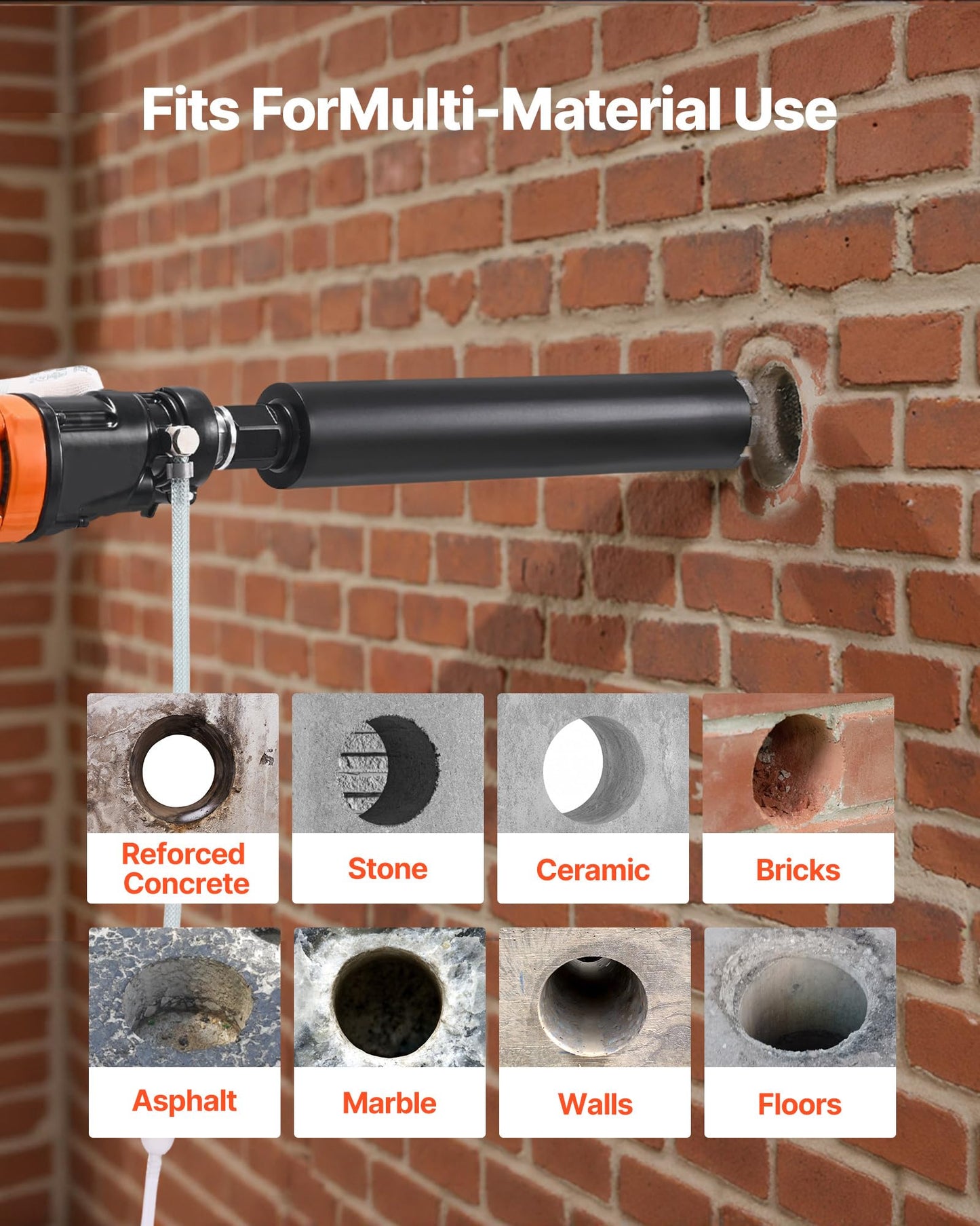 VEVOR Diamond Core Drilling Machine, 8 in Drilling Diameter, Handheld Dry and Wet Concrete Core Drill Rig with 4 Drill Bits, 1075/2300 RPM 2-Speed, UNC1 1/4-7 Thread, for Concrete Brick Stone, 1800W