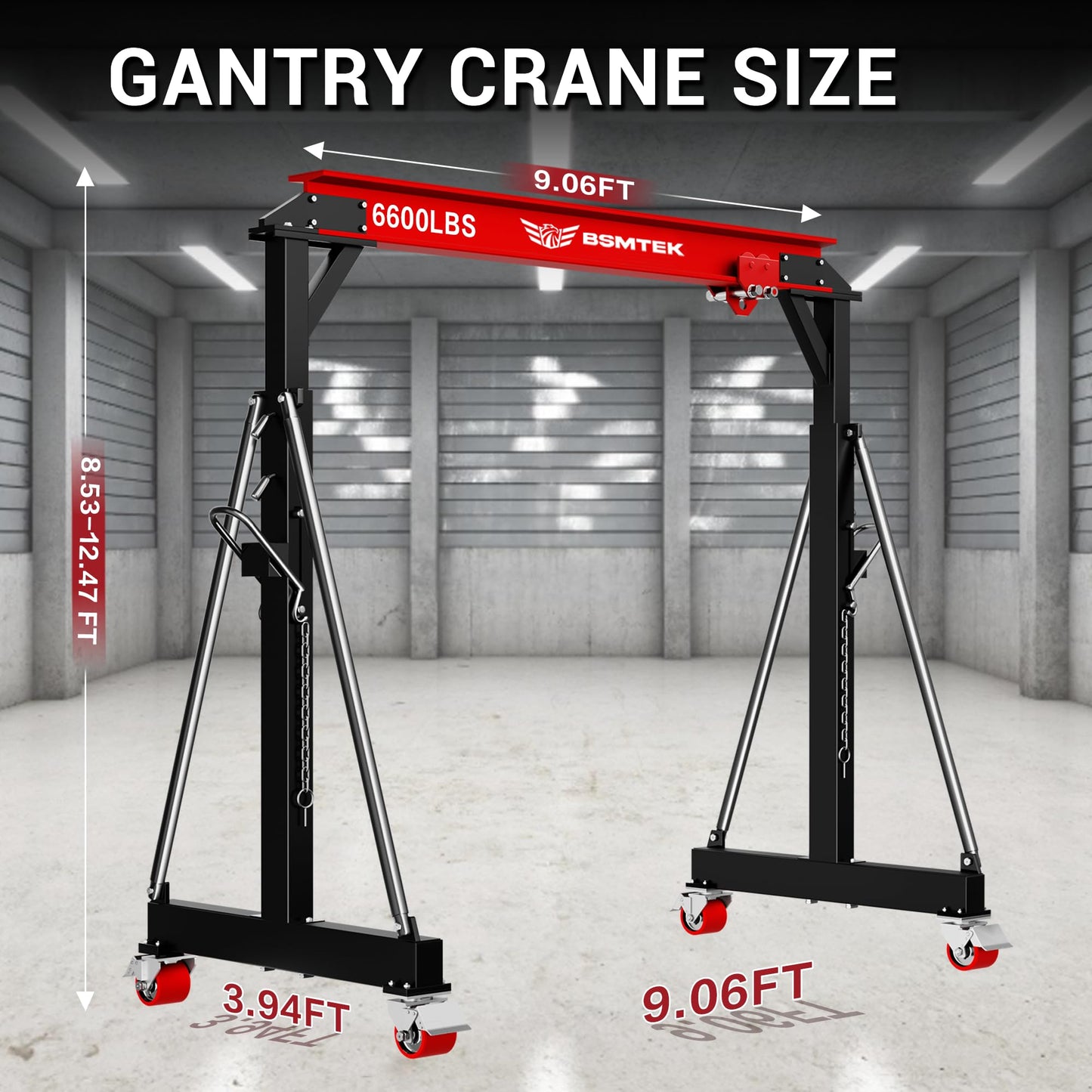 BSMTEK 3 Ton Gantry Crane MAX6600LBS, Adjustable Height (8.53-12.47 FT), Width (8.53 FT), Steel I-Beam Construction, Portable Shop Hoist for Factories, Warehouses, Red