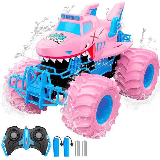 Salazaza Waterproof Shark Remote Control Car, 1:16 Amphibious RC Cars 4WD All Terrain Off Road Monster Trucks Toys, RC Truck Toys for Kids 3-5 6-8 8-12 Year Old Girl Birthday Gift, Pink