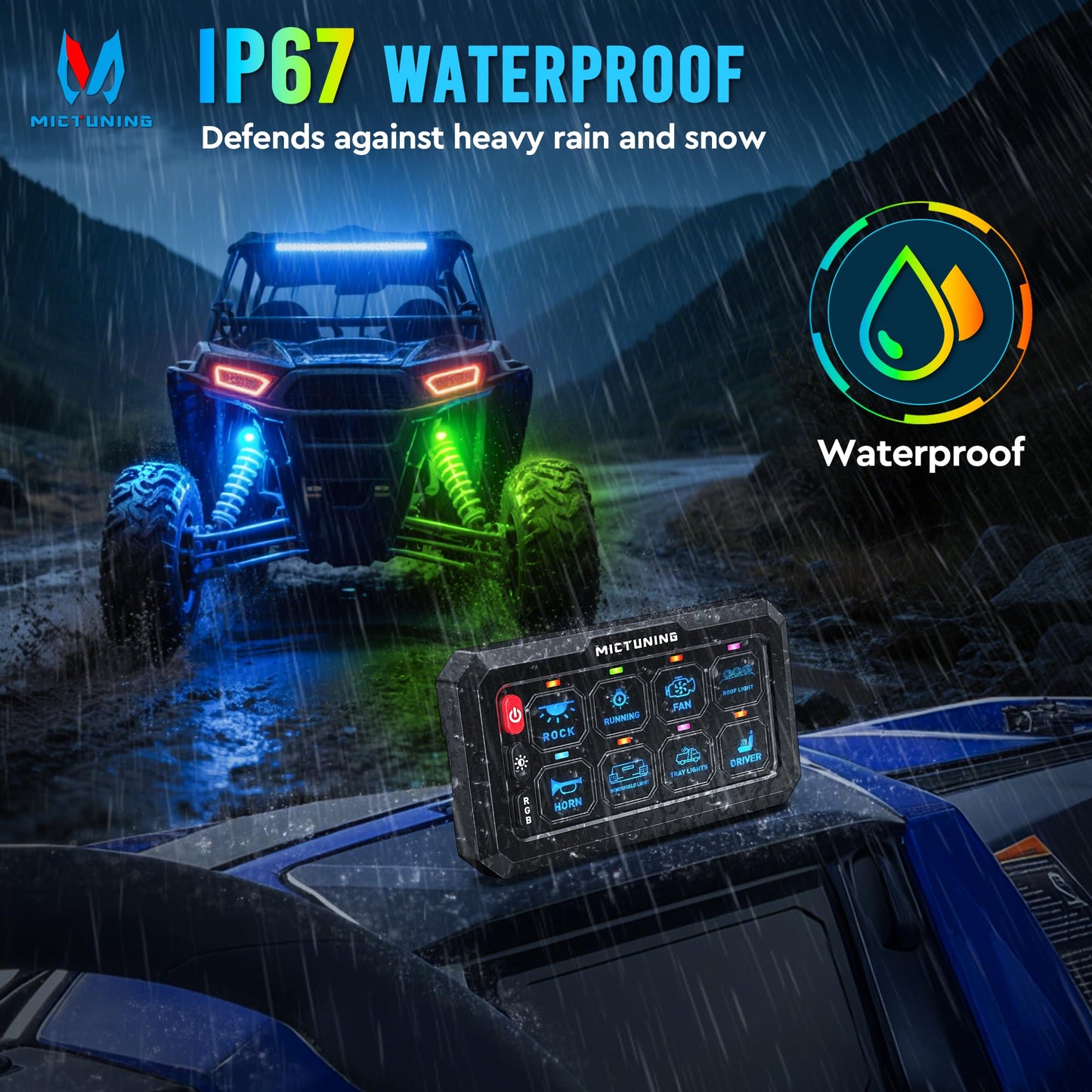 MICTUNING P1C+ RGB 8 Gang Switch Panel, IP67 Waterproof 6 Level Brightness Multifunction Toggle Momentary Flash Strobe Circuit Control Relay System Box for Off Road Truck SUV UTV RV