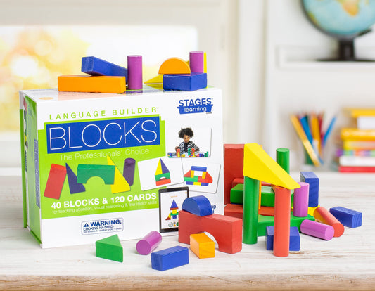 Stages Learning Materials Language Builder Block Imitation Kit Curriculum for Autism & Preschool 120 Pretend Play Flashcards, 40 Wood Blocks, iPad App