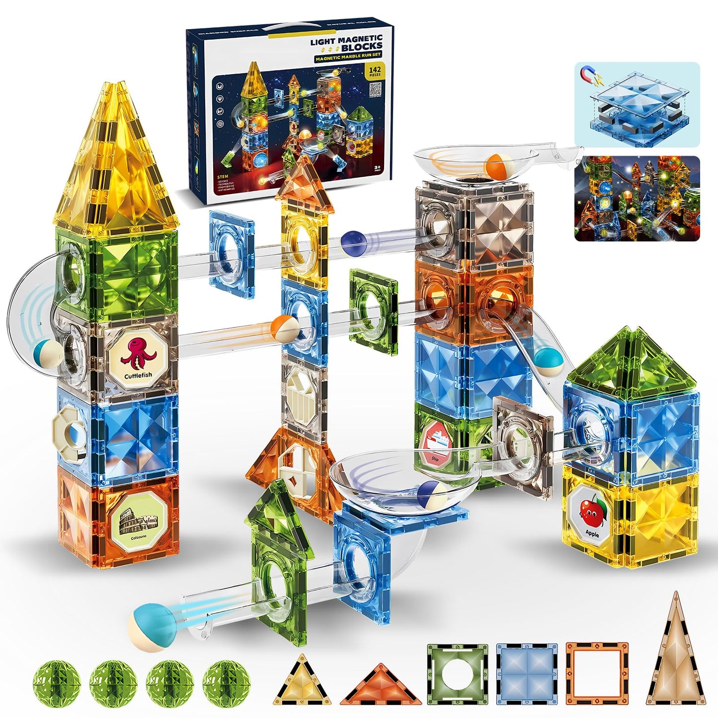ROHSCE Glowing Magnetic Marble Run Set 142PCS, STEM Educational Magnet Building Toys, 4D Diamond Surface Light Magnetic Tracks, Creative Marble Maze Gift for Boys and Girls Ages 3-12