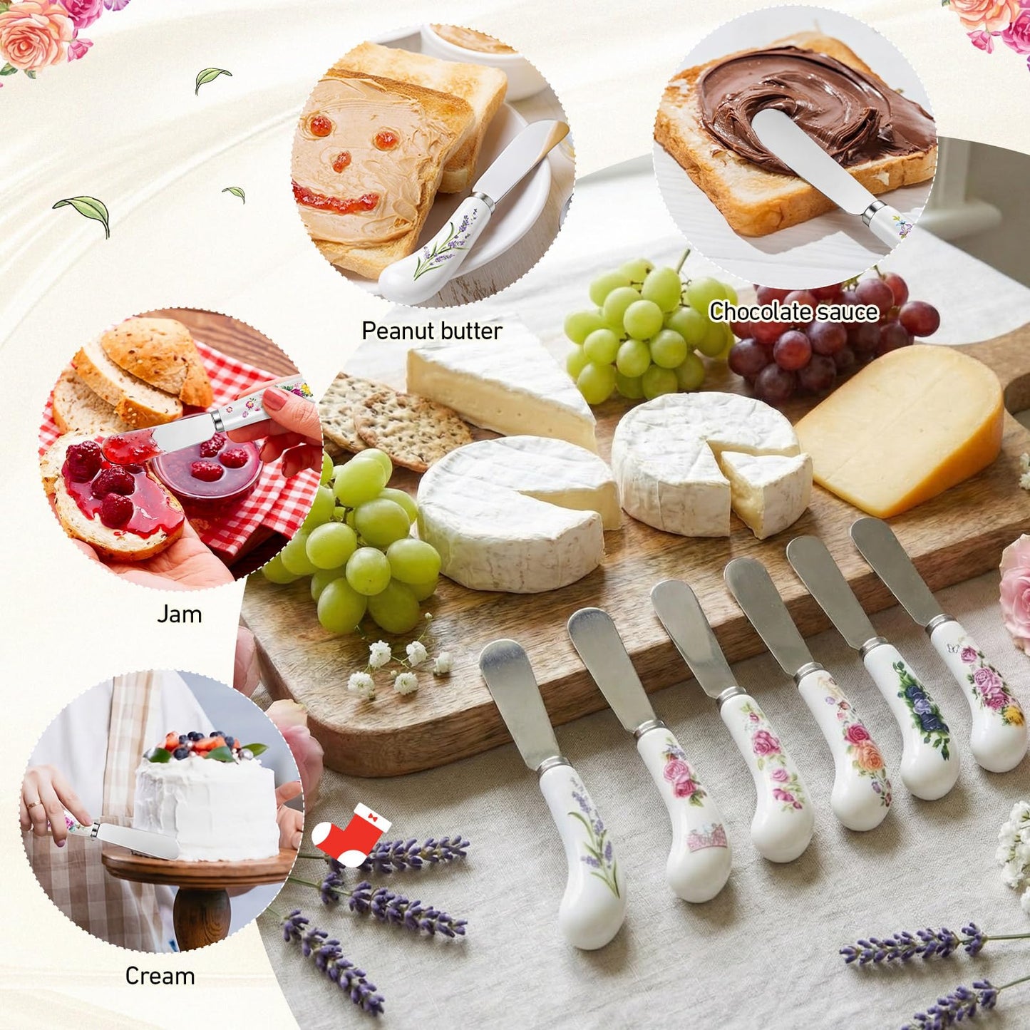Yiyiring 6 Pack Floral Cheese Spreaders 4.95" Stainless Steel Butter Knife with Ceramic Handle for Jam, Pastry, Butter Knife - Holiday Silverware & Festive Kitchen Cutlery