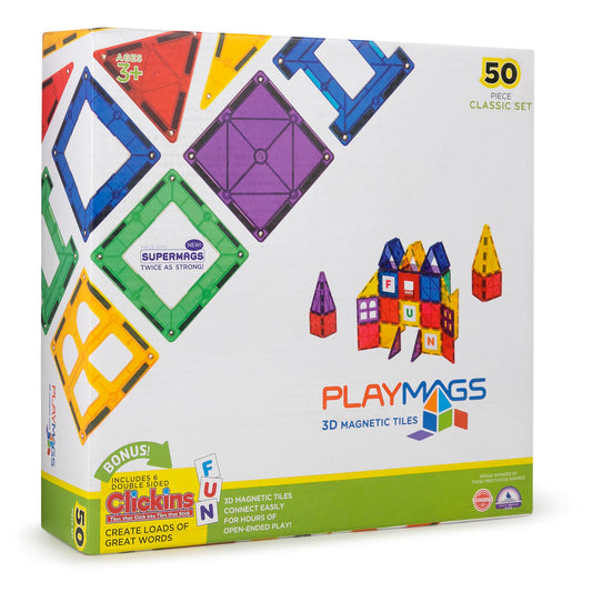 Playmags Magnetic Tiles Building Set 50 Pcs Set with Bonus Click-ins, Super Durable Magnet Blocks, STEM Development Kids Building Toys for Boys Girls & Toddlers