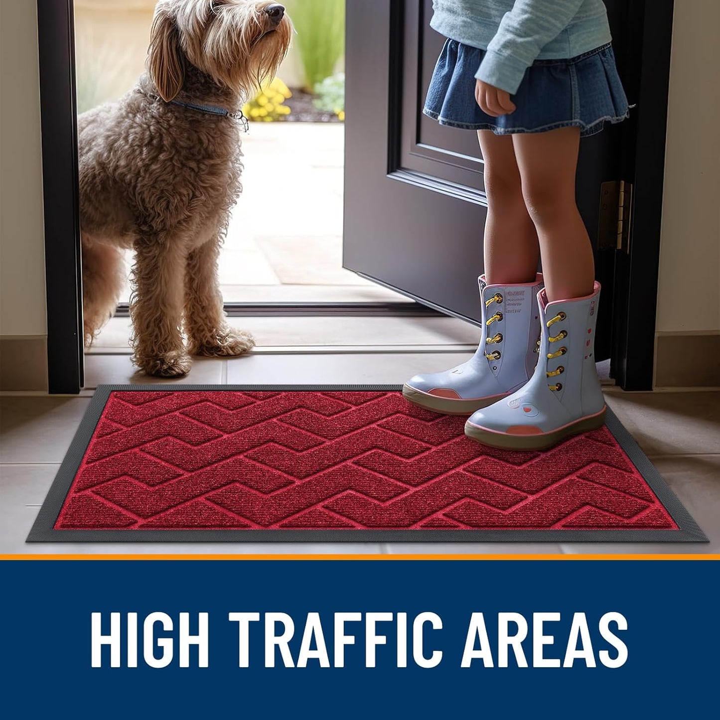 OLANLY Waterproof Front Door Mat - All-Season Herringbone Doormat | Easy Clean, Low Profile, Wine Red (47x32)