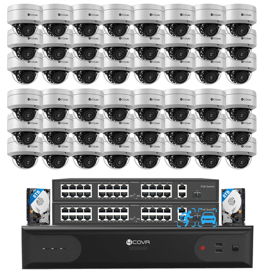 4COVR PoE 64 Channel Security Camera System, Human Vehicle Detection, 48Pcs IK10 Vandal-Proof 5MP Commercial Dome IP Camera IP67 with Mic, 8MP NVR 16TB HDD, 24/7 Business Surveillance, LY54AX5M6448