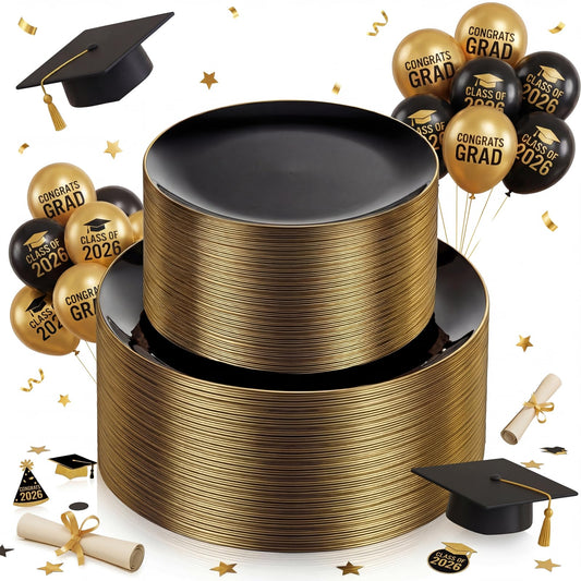 KIRE 100PCS Black and Gold Plates - Black Plastic Plates Disposable with Gold Rim Include 50Pcs 10.25inch Dinner Plate and 50Pcs 7.5inch Dessert/Salad Plate for Party/Wedding/Graduation/Father's Day
