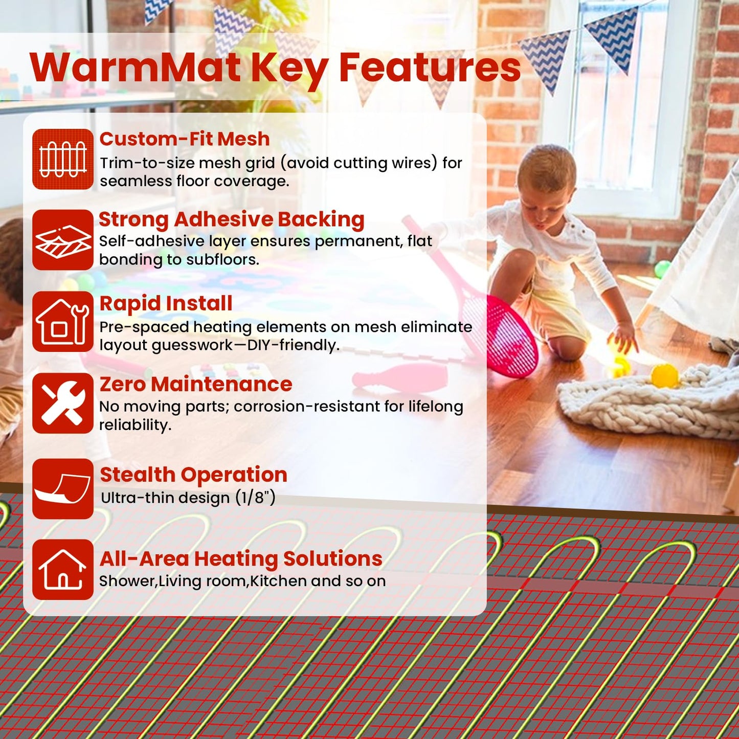 30 sqft HEATIT Warmmat Electric Radiant Self-adhesive Floor Heat Heating System & ET-7AW Thermostat & Alarm Monitor