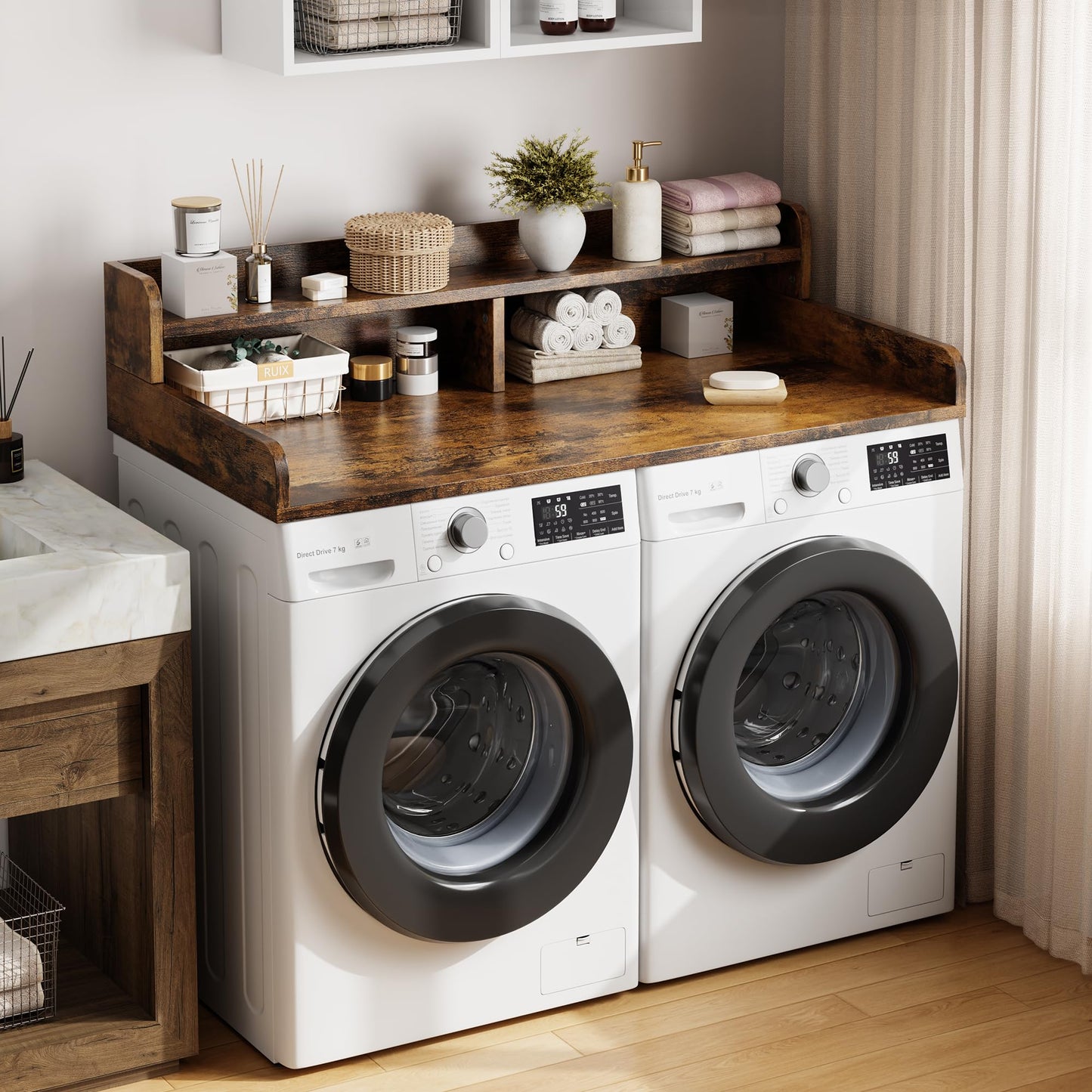 IDEALHOUSE 2-Tier Washer and Dryer Countertop with Shelf or Drawers, Laundry Countertop Cover with Non-Slip Pad, 54"X27.5" Laundry Topper for Folding Clothes Over Washer and Dryer-White