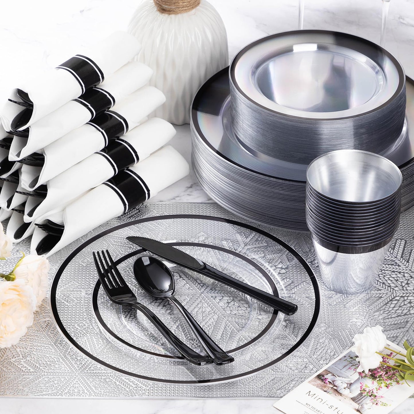 Goodluck 350 Piece Black Plastic Dinnerware Set for Party, Clear Disposable Plates for 50 Guests, Includes 100 Plates, 50 Pre Rolled Napkins with Cutlery Set, 50 Cups, for Graduation Party, Wedding