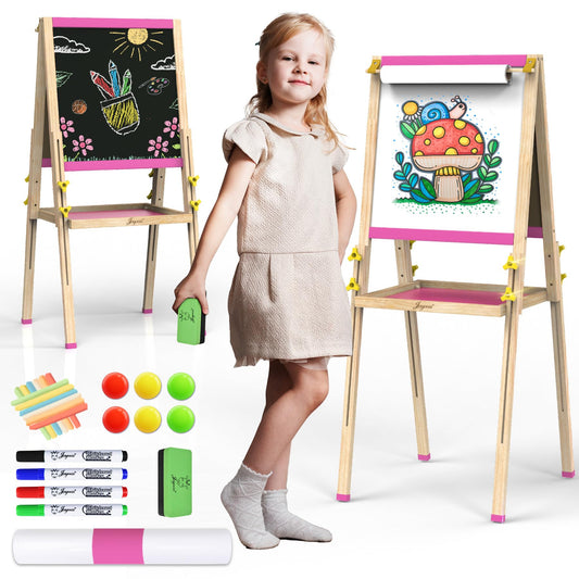 JOYOOSS Art Easel for Kids Easels for Toddlers with Paper Roll,Adjustable Wooden Magnetic Board Double Sided Whiteboard & Chalkboard 2-4 Art Easel for Kids Ages 4-8 Toddlers Painting Drawing Easel