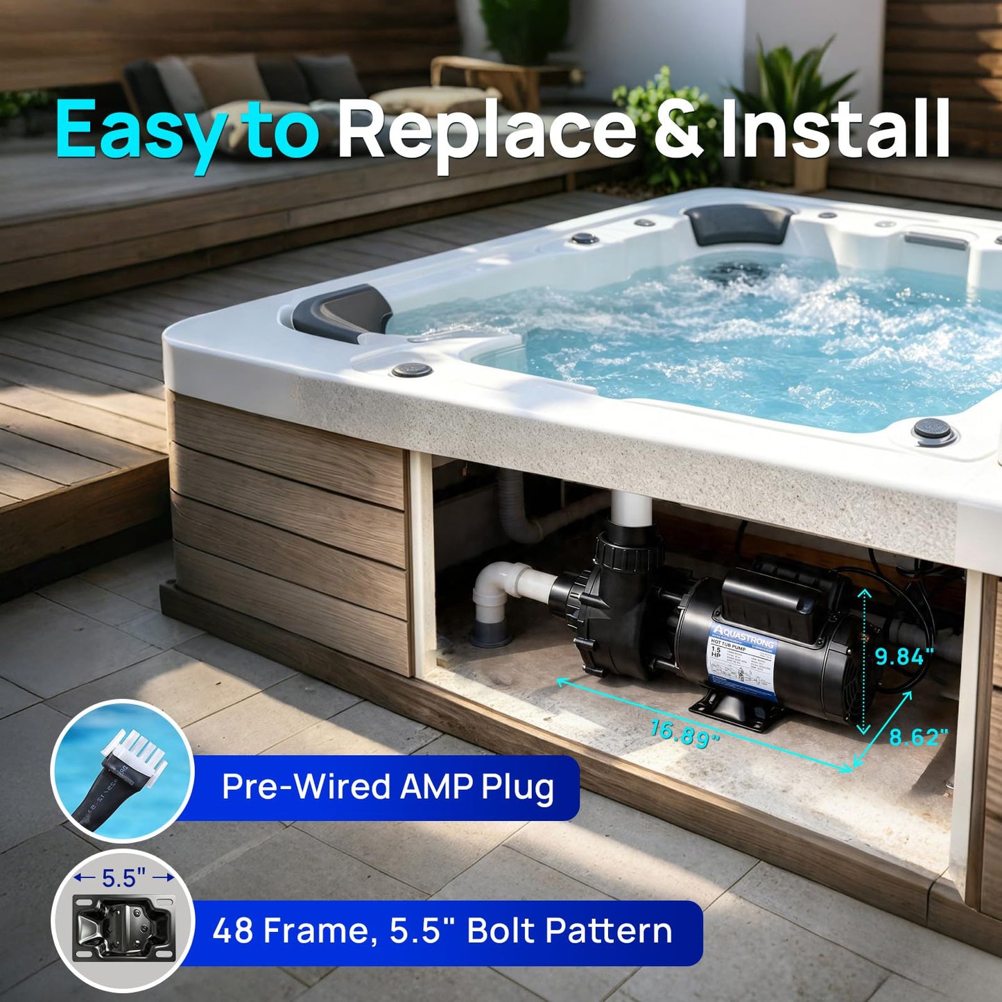 Aquastrong SPA Pump, Dual Speed Hot Tub Pump, Pure Copper Motor, Low Noise, Easy Installation with 1.5" & 2" Adapters, 90° Rotating Inlet & Outlet, Compatible with Hot Tubs & Spa Systems, Light Black