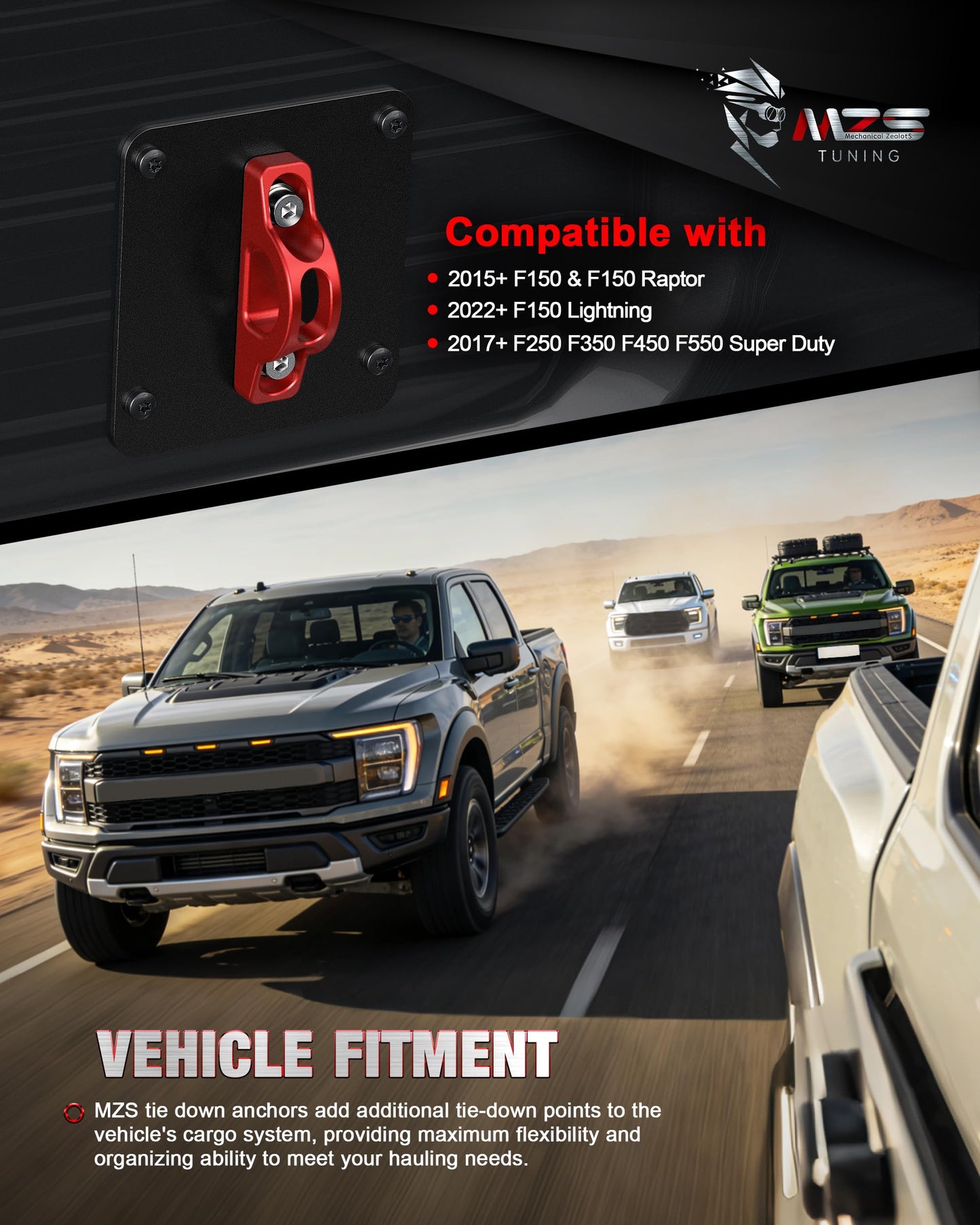 MZS 1" Rear Lift Blocks + Truck Bed Tie Down Anchors Compatible with 2015+ F250 F350 Super Duty, Pack of 4