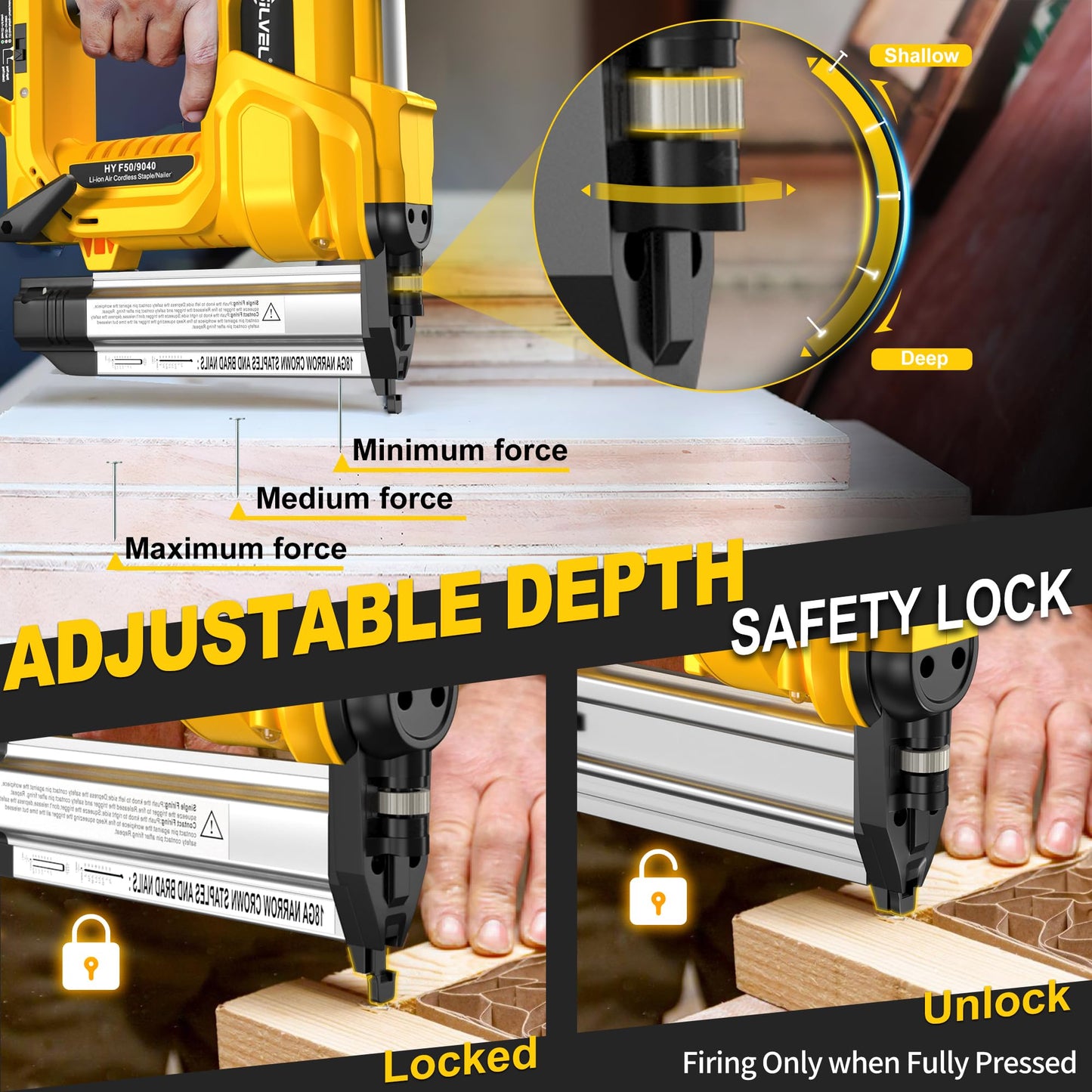 SILVEL 18 Gauge Cordless Brad Nailer, 2 in 1 Cordless Nail Gun/Electric Stapler, 2 * 4.0Ah Battery Powered Nail Gun, Fast Charging for Woodworking,Home Improvement, YELLOW