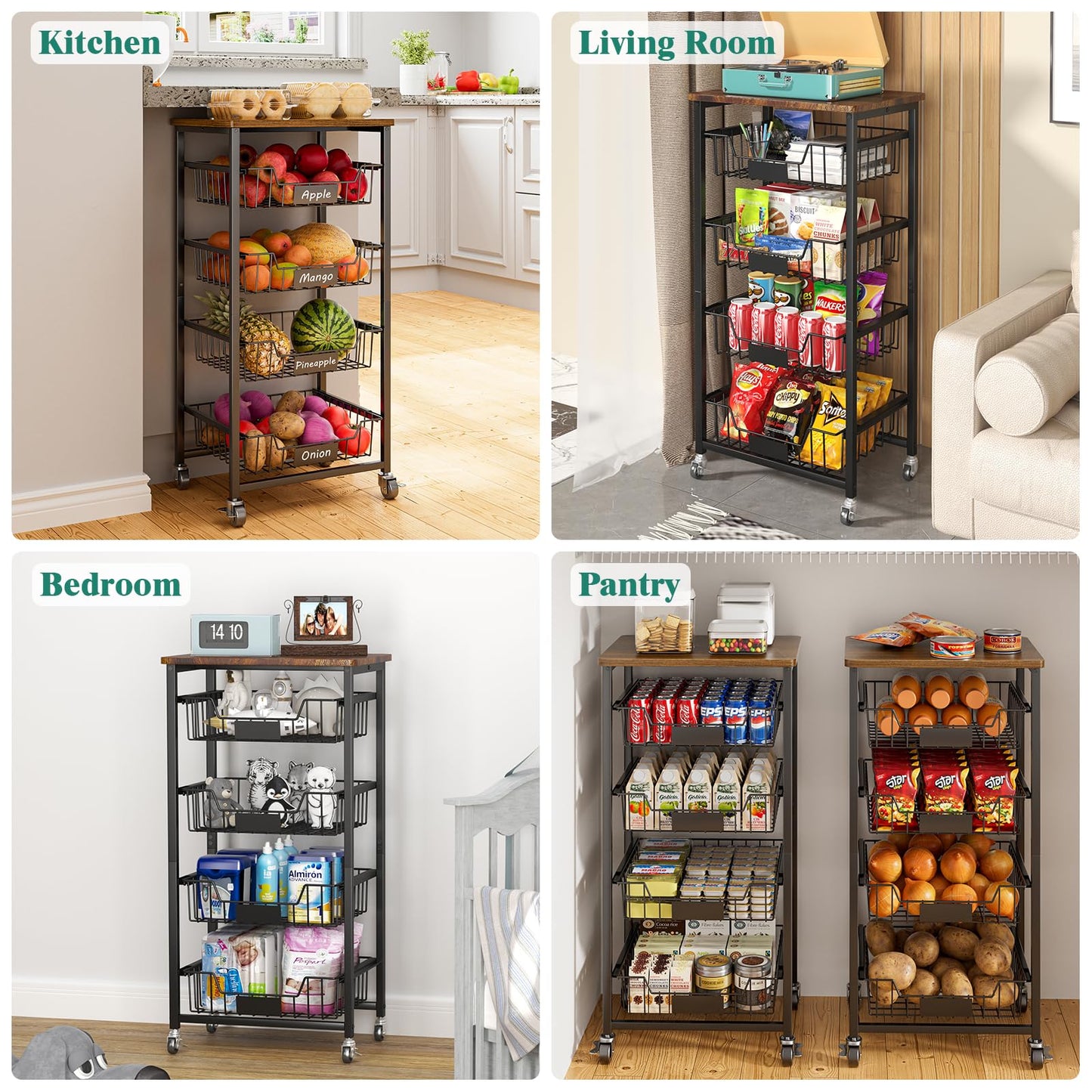 CHLORYARD 5-Tier Vegetable Fruit Basket Kitchen Storage Rolling Cart on Wheels with Pull-Out Baskets and Wood Top for Kitchen Diningroom Pantry