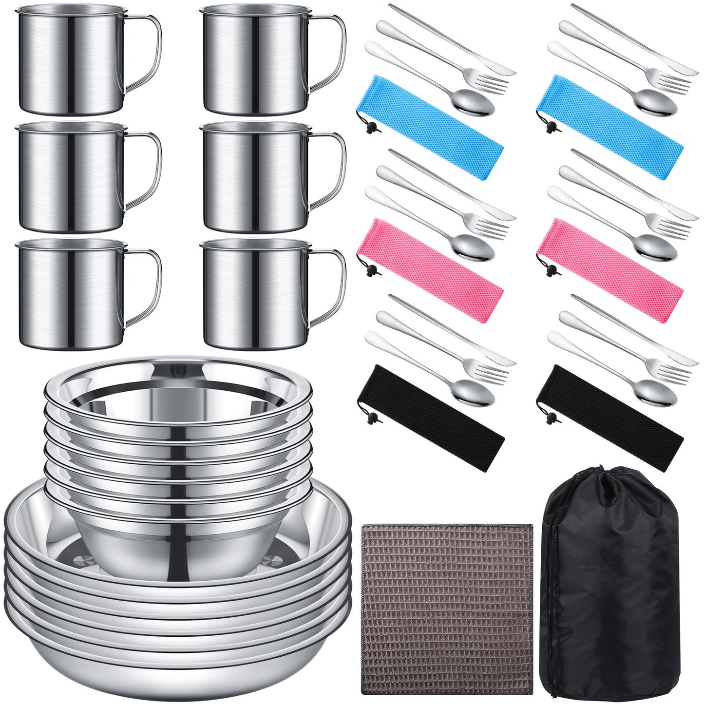 Lallisa 16 Pcs Outdoor Camping Cookware Mess Kit Polished Stainless Steel Dishes Camping Utensils Portable Tableware with Plates Cups Spoons Forks Knives Mesh Bag for Backpacking Hiking