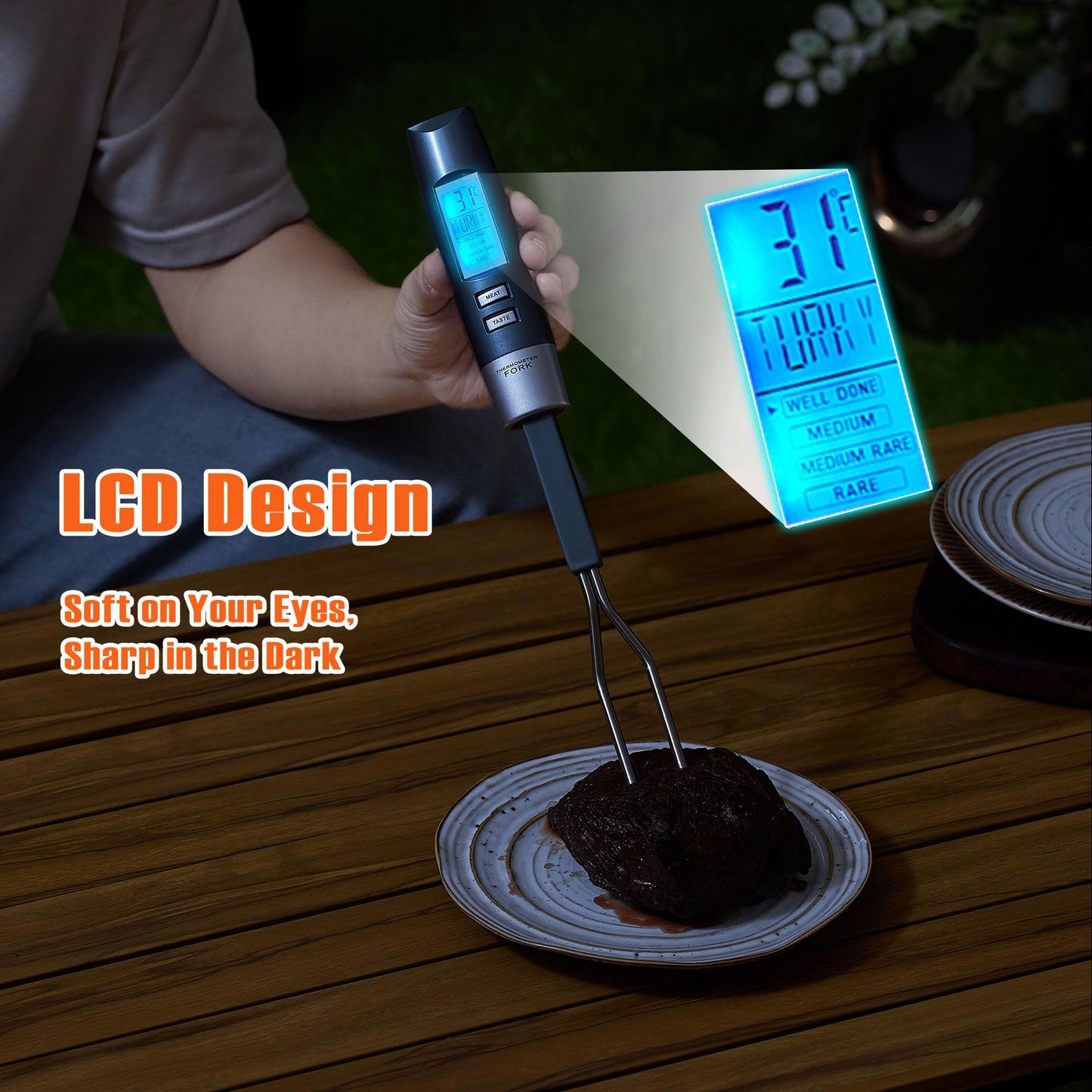 lfcforldx Meat Thermometer Fork for BBQ & Grilling – Instant Read Food Thermometer with Preset Meat Temperatures, Long Heat-Safe Handle, Backlit LCD for Steak, Chicken & Outdoor Cooking, Black