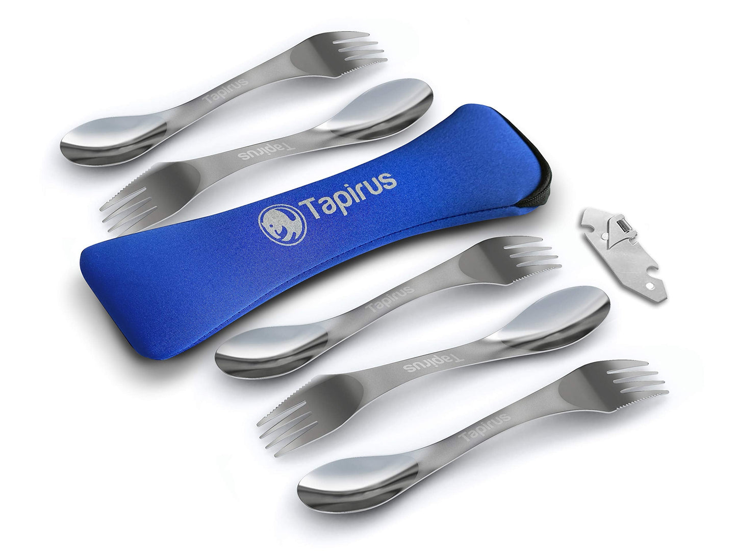 Tapirus - 5 Spork Of Steel Utensils Set - 8-inch Long Durable & Rust Proof Stainless Steel Spoon, Fork & Knife Flatware - For Camping, Fishing, & Hunting - With Bottle Opener & Carrying Case