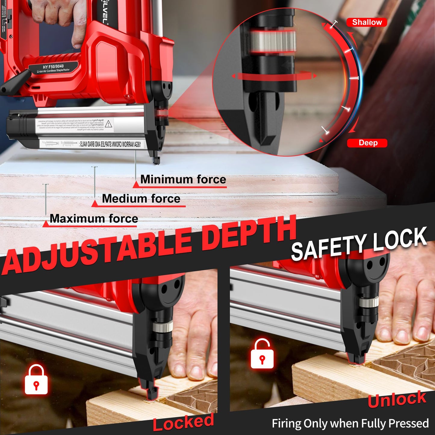 SILVEL 2" Cordless Brad Nailer, 2-in-1 21V Electric Brad Nailer with 2 * 2.0Ah Battery, 1000pcs Nails, 18GA Staples, Adjustable Depth for Woodworking, Home Improvement, Red