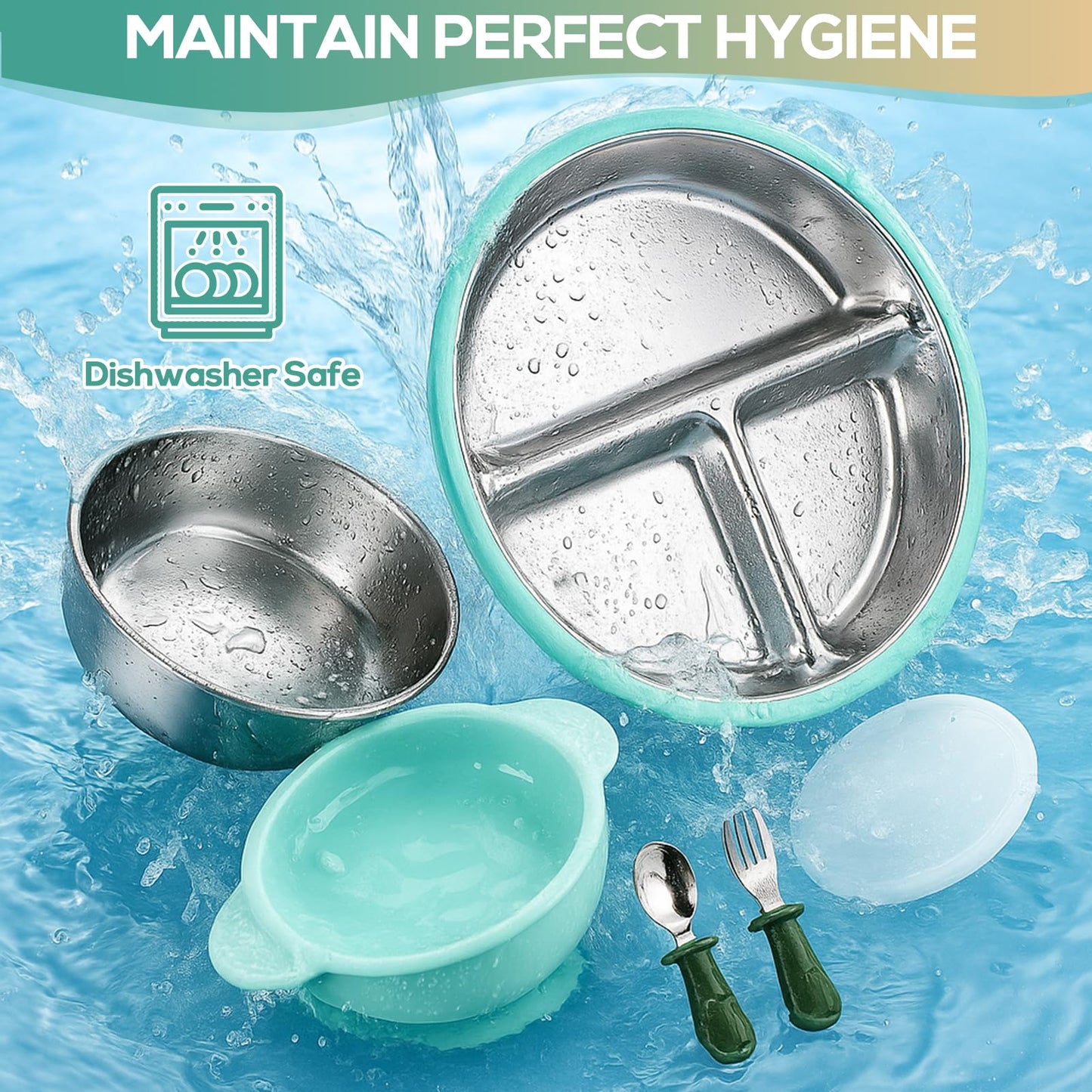 Mity rain Stainless Steel & Silicone Toddler Plates and Bowls Set with Suction,10-Piece Suction Plates & Bowls for Toddler,Removable Shell,Silicones Baby Plates for Independent Eating.