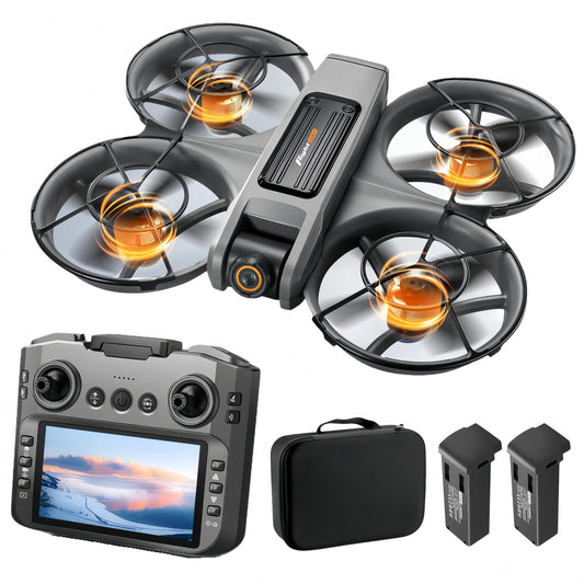 Drone With Large Screen Remote Control (4.92in) , Mini Airplane with Dual Cameras, 2 Batteries, 360° Flips, Full Propeller Guard Protection for Anti-Collision, Brushless Motor, Hovering, Quadcopter with Optical Flow Positioning, RC Helicopter for Adults a