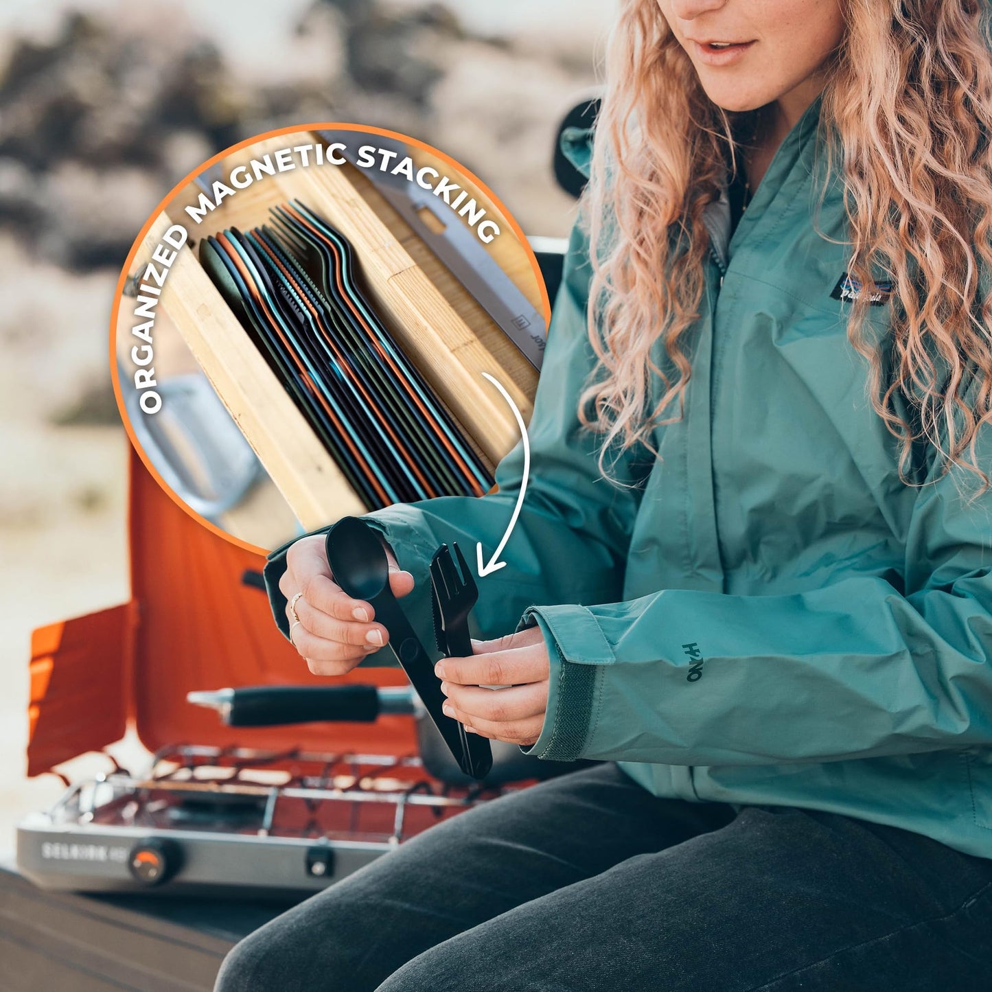 FULL WINDSOR Magware Camping Set - Travel Utensils for Outdoor Dining, Backpacking & Camping Essentials - Knife, Fork & Spoon with Pouch - Magnetic Silverware Lunchbox Utensils Cutlery - Black (3 PCS)