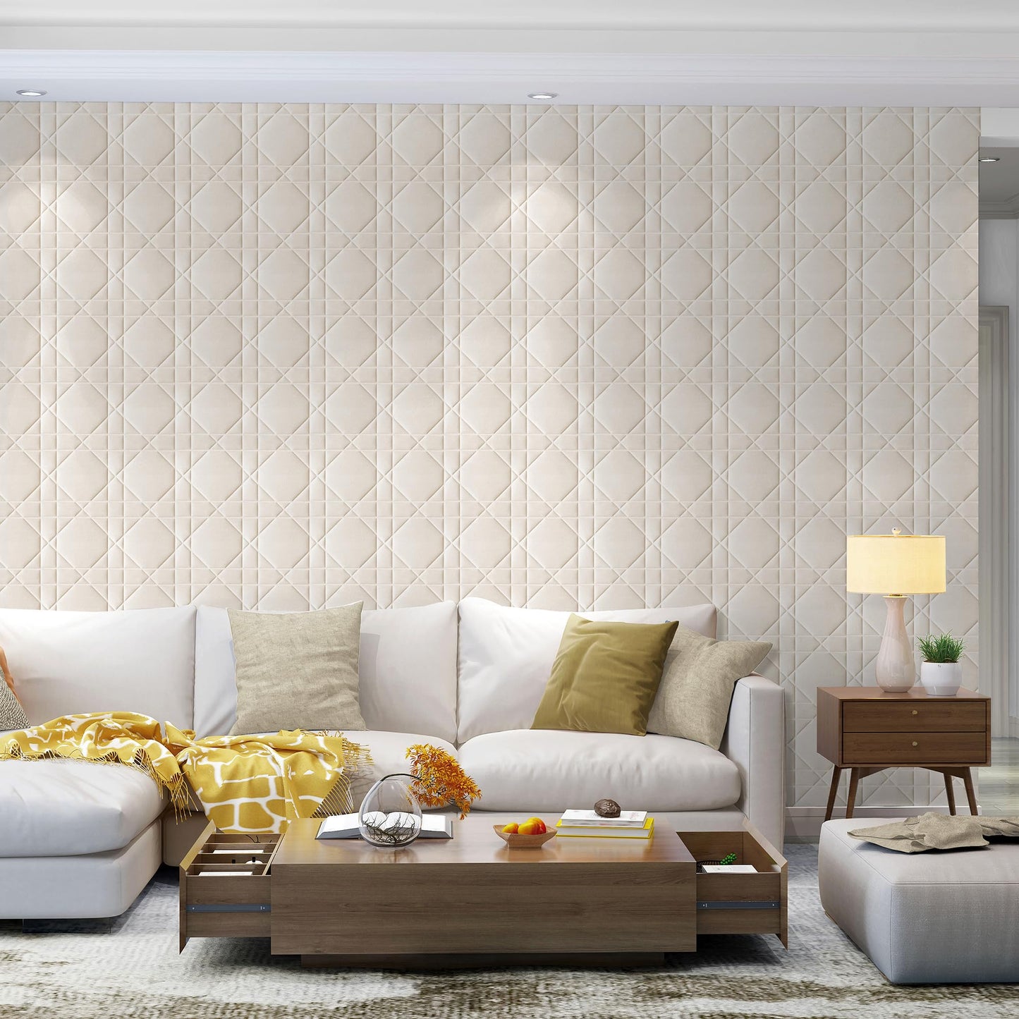 Aurawall Velvet 3d wall panels for Interior wall Decor peel and stick, Soundproof Geometric Textured 3d Wall Panels for Living Room, Bedroom, TV Background 17.7" x 17.7", Cover 26.15 Sq.Ft Cream White
