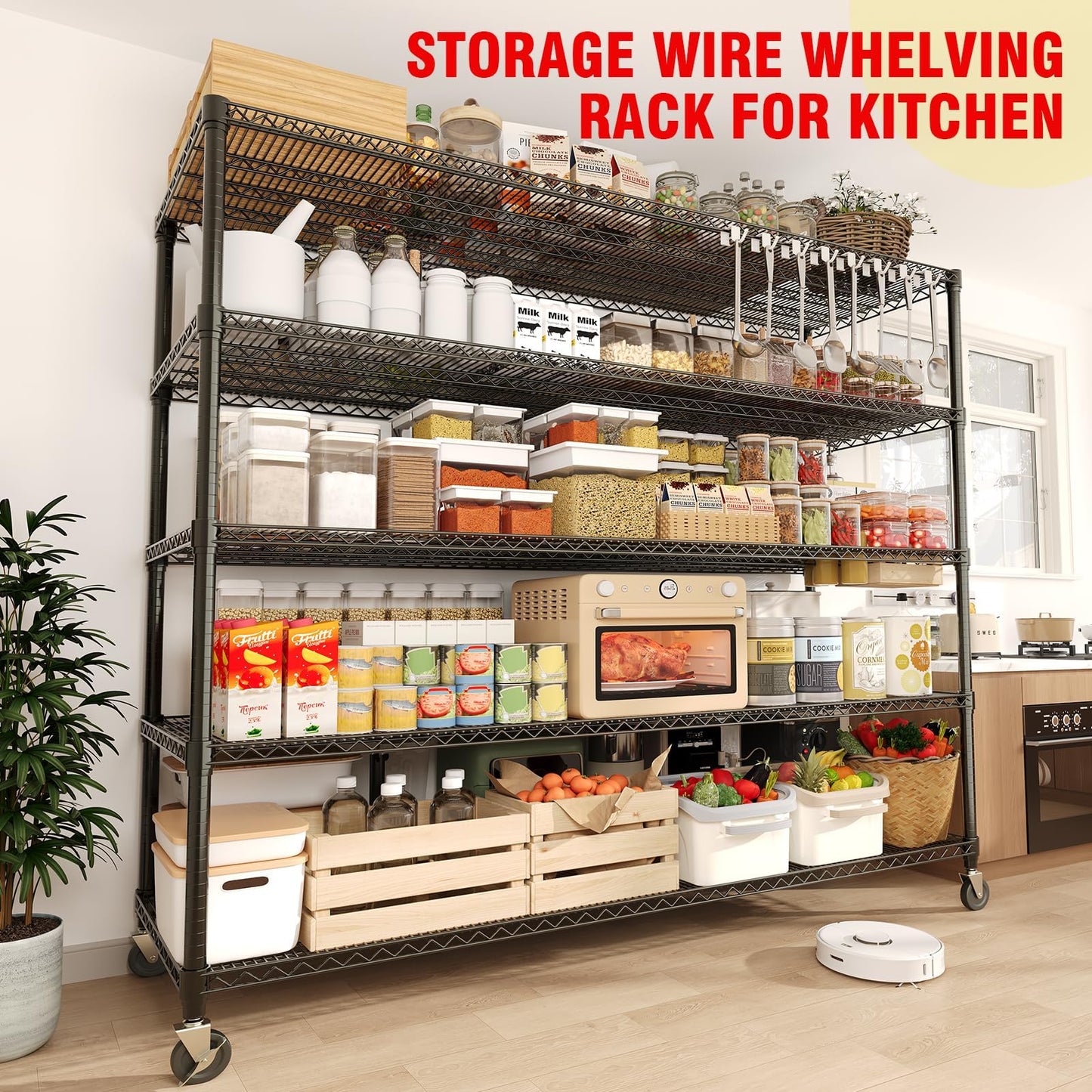 MilleLoom 5 Tier Metel Shelving with Wheels, Garage Storage Shelves Heavy Duty Rack Load 3300LBS, Ajustable Black Wire Shelving Unit, for Home Garage Basement, Easy Assembly, 59" W X 24" D X 82" H