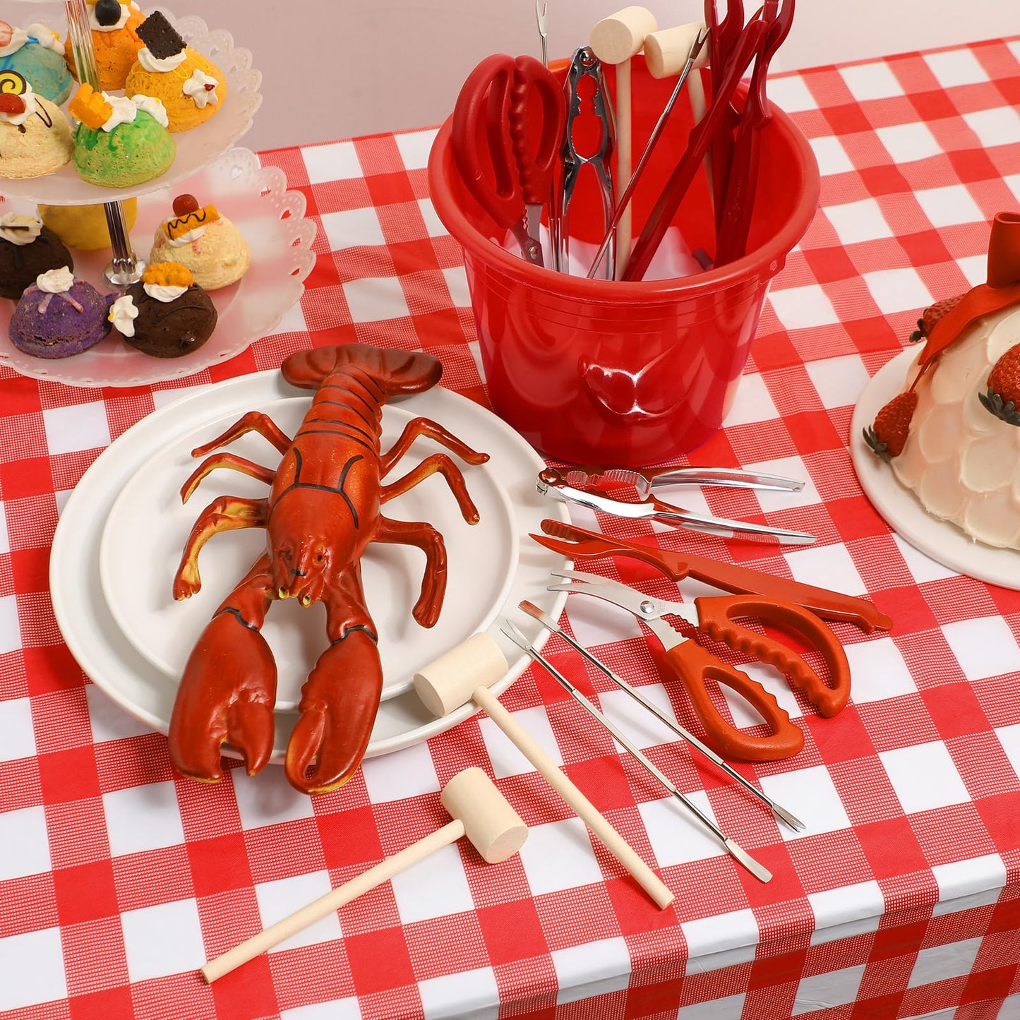 Lanties 20 Pcs Seafood Tools Set Seafood Boil Party Supplies Crab Crackers Scissors Lobster Sheller Hammer Shellfish Forks Cracker Red Plastic Bucket for Lobster Crab Food New Year Party