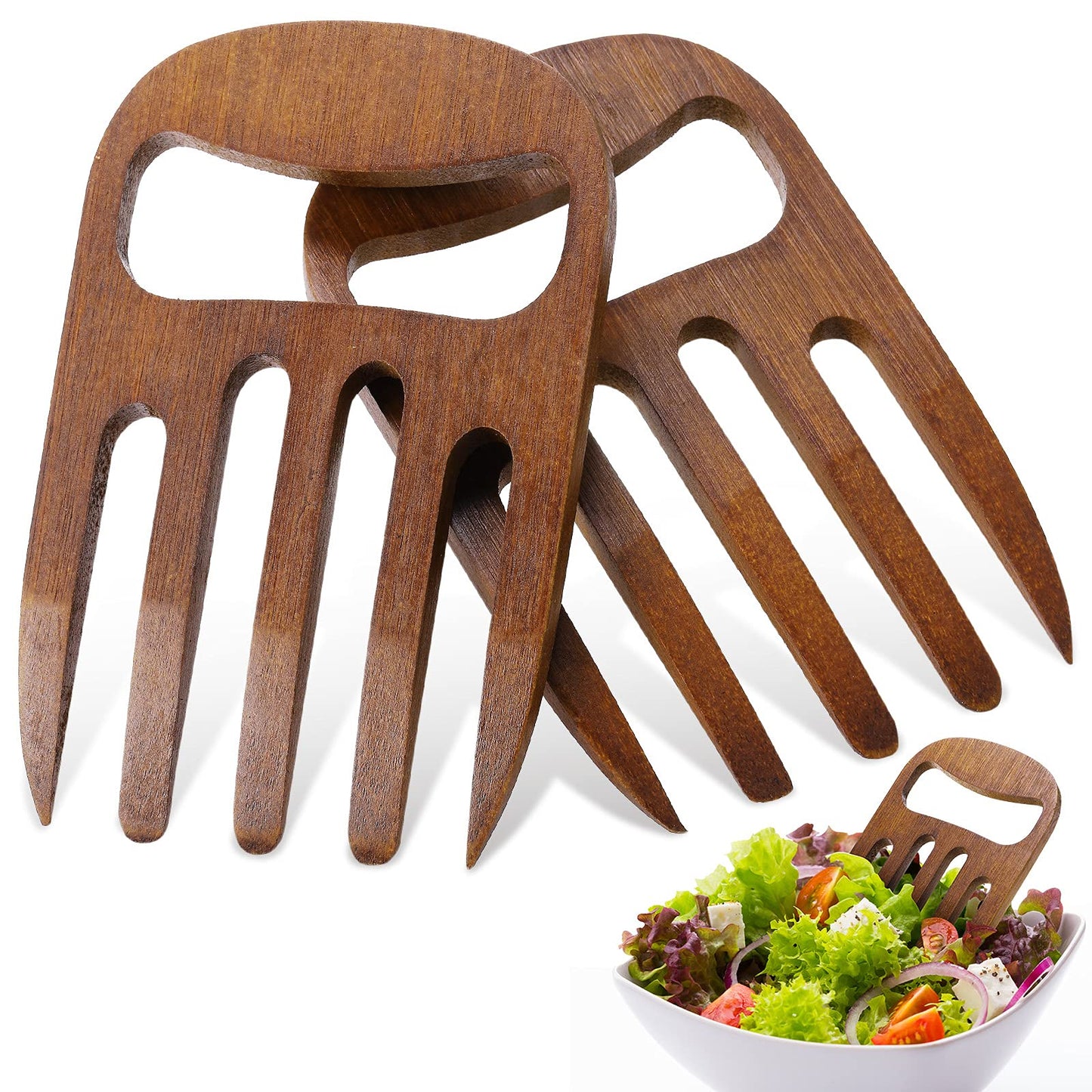 Patelai 2 Pieces Bamboo Salad Hands, Salad Servers Bamboo Serving Hands Latest Gripper Design Salad Claws Set for Serving Salad, Pasta, Fruit on Your Kitchen Counter, 6 Inches (Coffee)