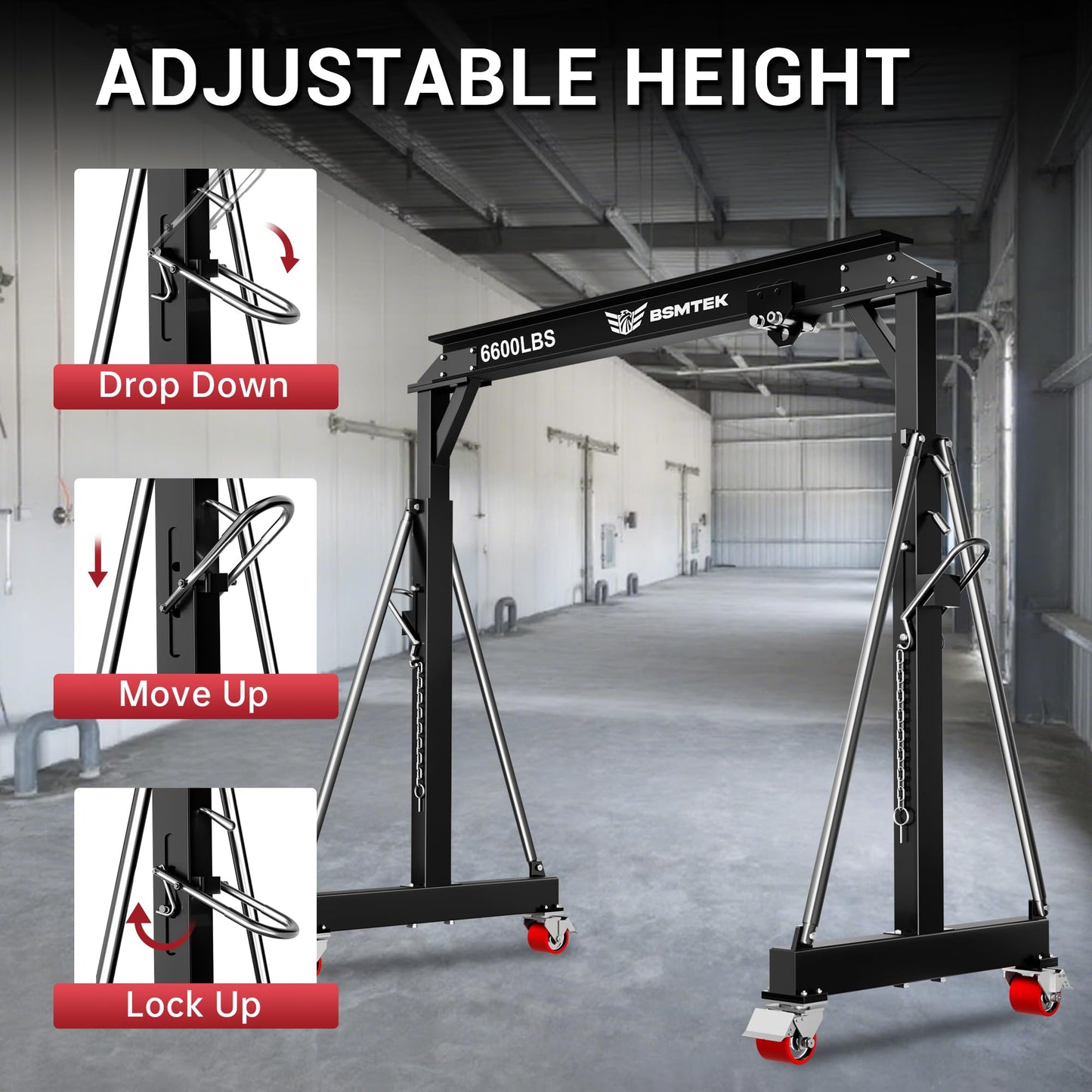 3 Ton MAX 6600LBS Gantry Crane, Adjustable Height (8.53-12.47 FT), Width (9.06 FT, Available 8.53FT), Steel I-Beam Construction, Portable Shop Hoist for Factories, Warehouses