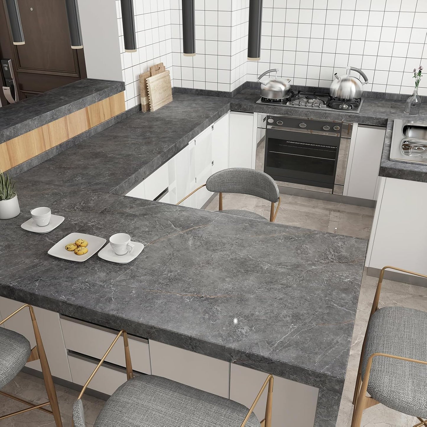 BOMENG Glossy Marble Contact Paper Granite Grey Peel and Stick Wallpaper for Bathroom Kitchen Cabinets Countertops Furniture Renovation, Removable Waterproof Self-Adhesive Vinyl Wrap 24" x 197", Gray