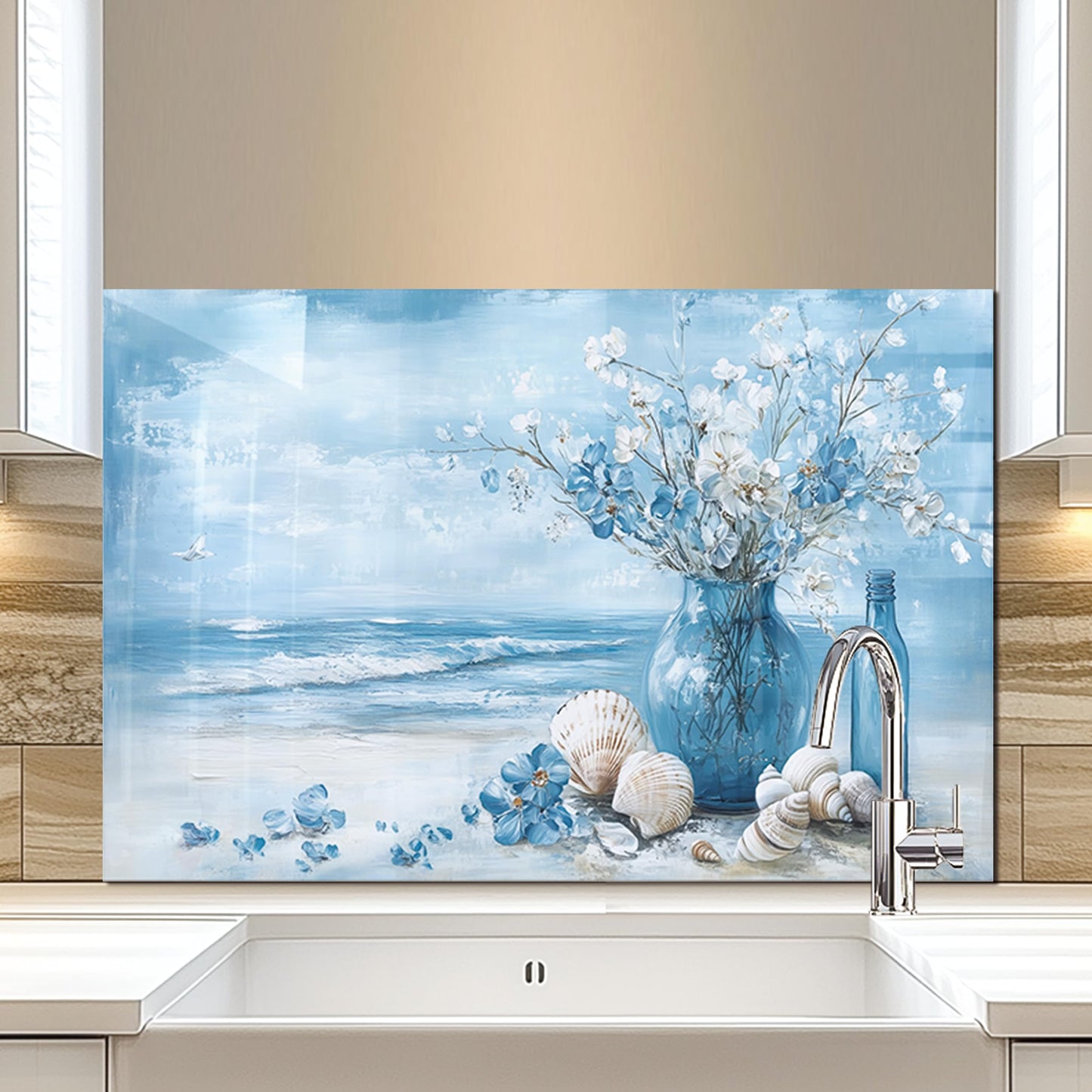 Tempered Glass Backsplash for Kitchen,Stove Splashback Protector Blue Sea Design | Heat-Resistant Splash Board, Kitchen Wall Decoration (30"x16"(76.2x40.64cm))