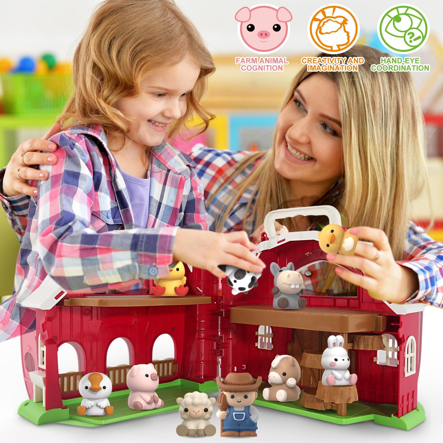 Farm Animals Big Barn Toy for 1 2 3 Year Old, Toddler Educational Montessori Toys, Farm Pretend Playset with Barn & Farmer, Christmas Birthday Easter Gift for Toddler Baby Boys Girls 1-3 Years